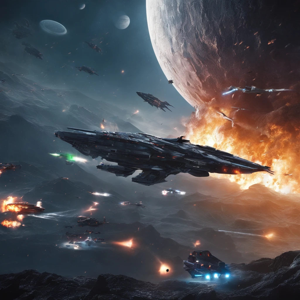 Movie space battle scene, (Dense warplanes attack spaceships:1.2),Destruction and volumetric lighting,Very detailed.)