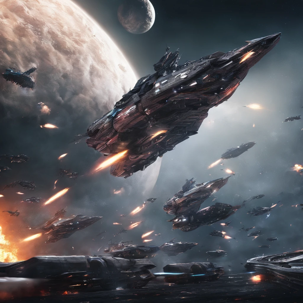 Movie space battle scene, (Dense warplanes attack spaceships:1.2),Destruction and volumetric lighting,Very detailed.)