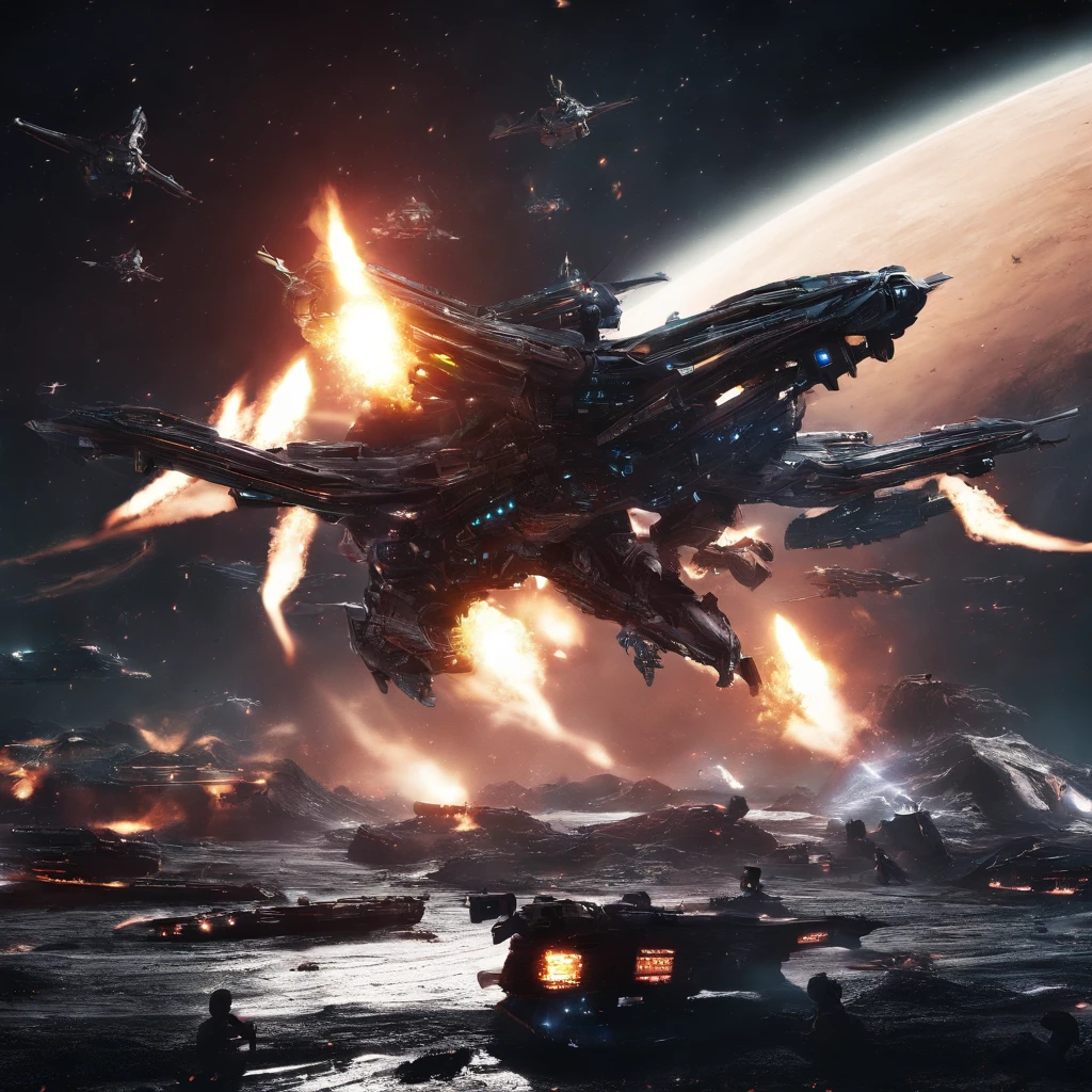 Movie space battle scene， (Dense warplanes attack spaceships:1.2),Destruction and volumetric lighting,Very detailed.)