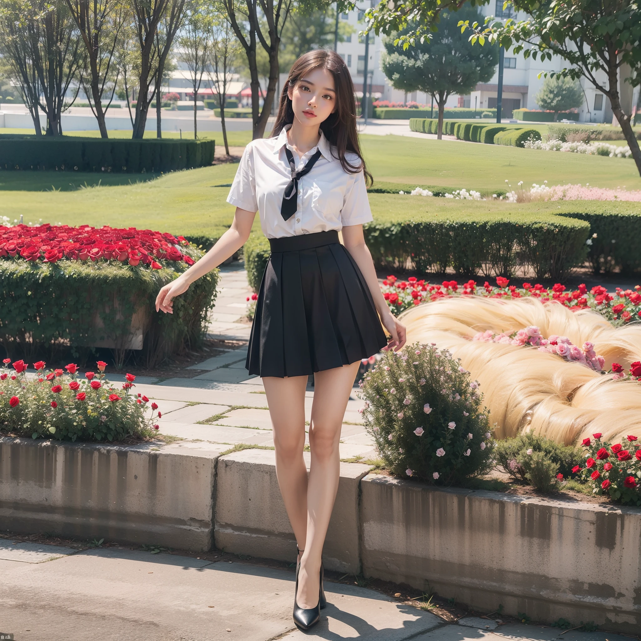 ((best qualtiy, 8K, Masterpiece master: 1.3)),（full bodyesbian：1.5），A cute beauty with a perfect figure: 1.4, Slim， ((Brown hair black)) , (pleatedskirt，white short sleeve shirt，Black heels，school uniform，Full chest，Golden ratio figure，Highly detailed face，standing on your feet：1.2），（（Sea of roses）），Highly detailed facial and skin texture，Ray traching，Colorful dreamy fairy tale garden，detail-rich，Sea of roses，8K,