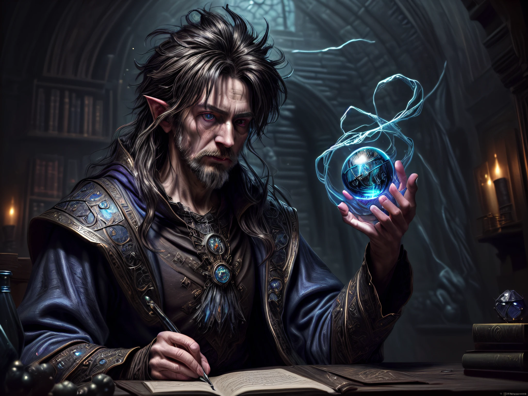 high details, best quality, 8k, [ultra detailed], masterpiece, best quality, (extremely detailed), dynamic angle, ultra wide shot, photorealistic, RAW, fantasy art, dnd art, fantasy art, realistic art, a wide angle picture of a wizard looking into his [[[smartphone]]] (intense details, Masterpiece, best quality: 1.6)  blue magical energy from the cell phone V0id3nergy  (intense details, Masterpiece, best quality: 1.5)  there is a crystal ball on the table,  human male wizard, fantasy wizard (intense details, Masterpiece, best quality: 1.5), D&D wizard, young human male (intense details, Masterpiece, best quality: 1.5), [[anatomically correct]], dynamic hair, dynamic eyes, wearing magical robe (intense details, Masterpiece, best quality: 1.5), dynamic colors, ultra detailed face (intense details, Masterpiece, best quality: 1.5), in his laboratory (intense details, Masterpiece, best quality: 1.5), many magical tomes, magical library (intense details, Masterpiece, best quality: 1.5), many magical vials, ultra wide angle from a medium distance