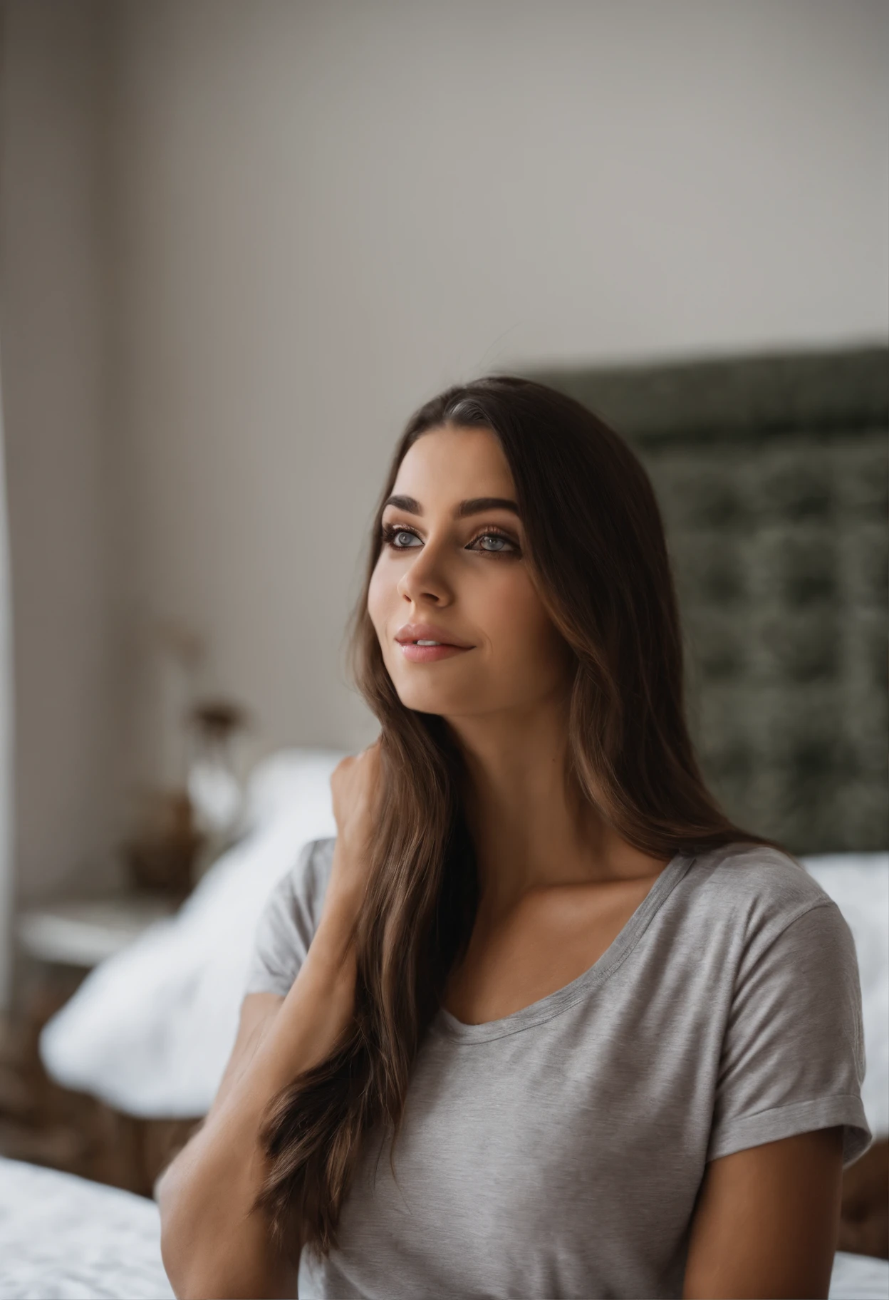 Arafed Mujer con camiseta negra sin mangas y bragas a juego, Chica sexy con ojos marrones, ultra realista, meticulosamente detallado, Retrato Sophie Mudd, brown hair and large eyes, selfie de una mujer joven, Ojos del dormitorio, Violeta Myers, sin maquillaje, Maquillaje natural, staring directly into camera, cara con artgram, maquillaje sutil, Impresionante foto de cuerpo completo arrodillado en la cama, En el dormitorio, Medium to large size bust