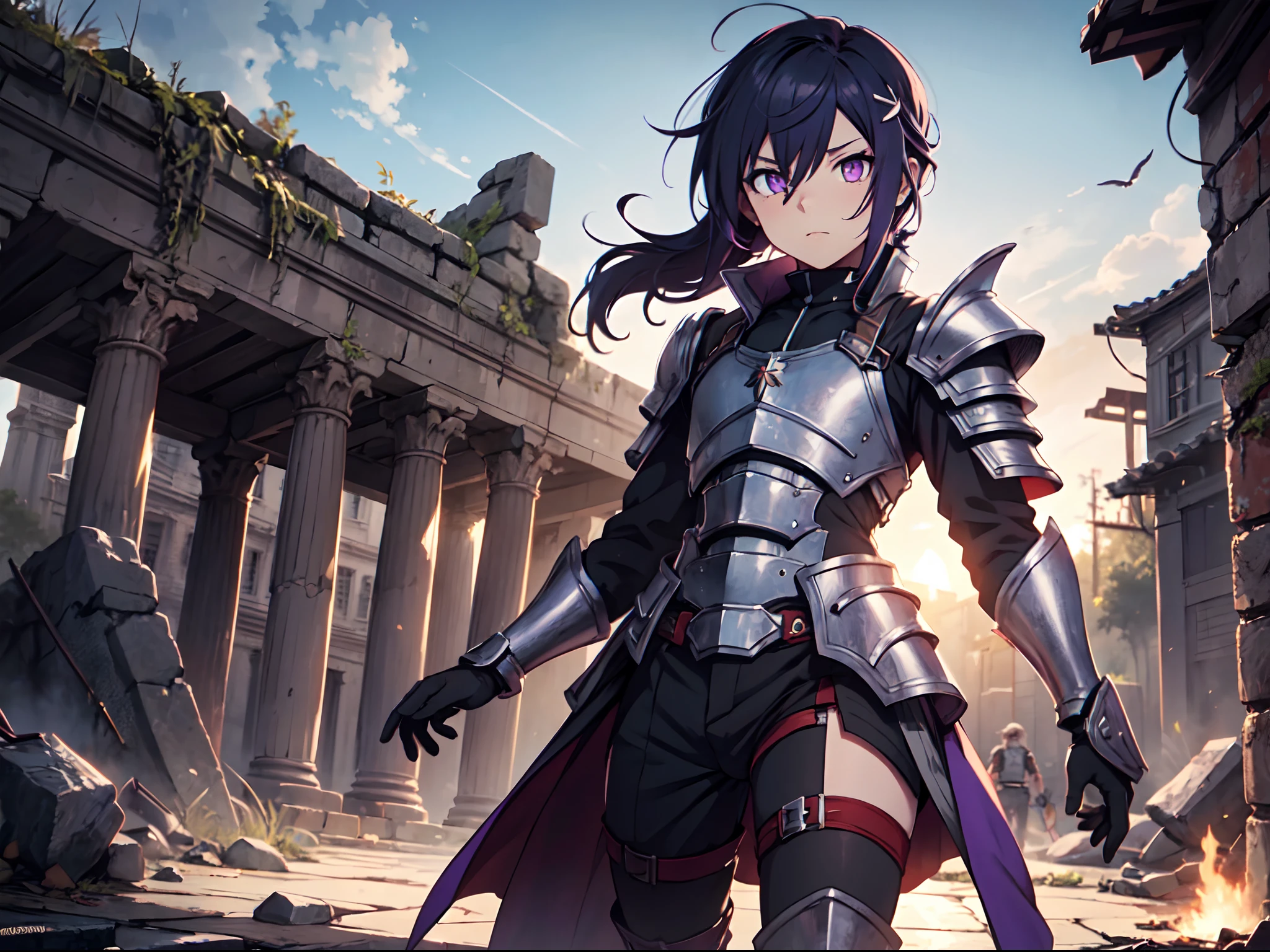 Ultra High Definition, Ultra High Quality, Extremely Detailed, 8k, 1 Boy, Rudeus Greyrat From Mushoku Tensei Anime, Handsome, Armored With War General Armor, Pure Purple Pupil Eyes, Long Haired Tied With Chinese Hairpin, Body To Legs Body Shot, Ancient Ruins Background,