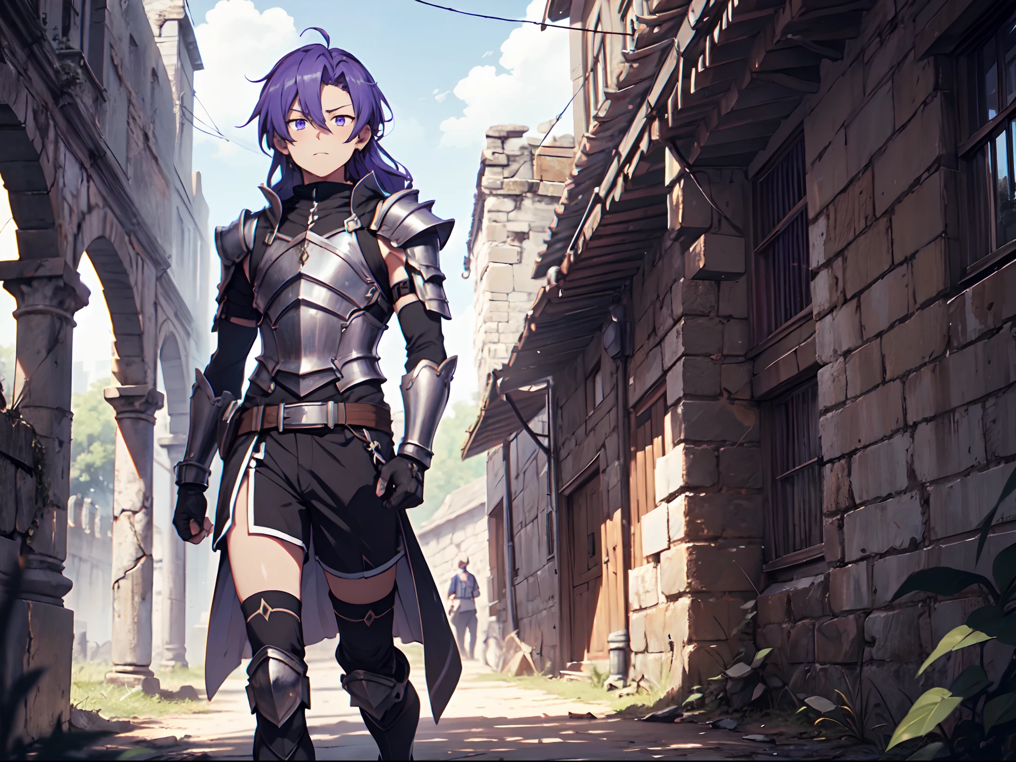 Ultra High Definition, Ultra High Quality, Extremely Detailed, 8k, 1 Boy, Rudeus Greyrat From Mushoku Tensei Anime, Handsome, Armored With War General Armor, Pure Purple Pupil Eyes, Long Haired Tied With Chinese Hairpin, Body To Legs Body Shot, Ancient Ruins Background,