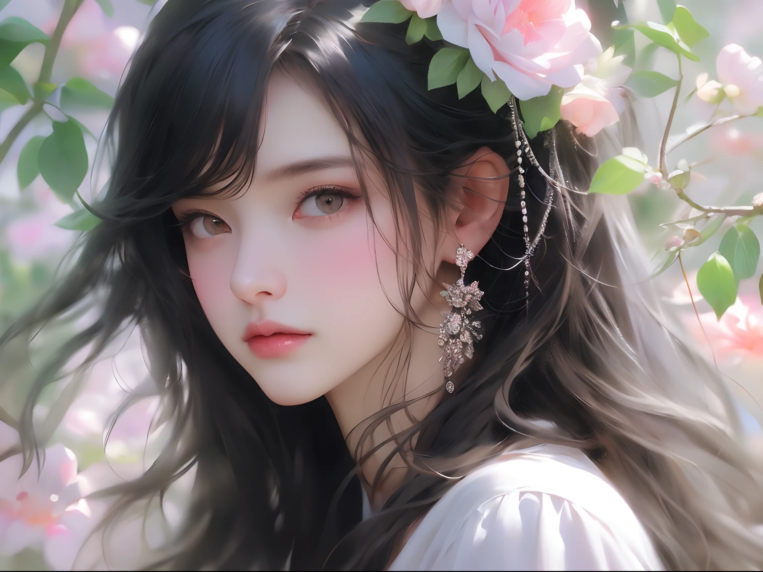 Ladies and bouquets,Portrait close-up,She looked at me with very beautiful and kind eyes.Detailed Schneider pastel ink, soft and fantastic, Fluffy, (Extremely fine and beautiful), (perfect detail)、(Pastel color),Soft texture:1.2.(masutepiece, Best quality), (finely detailed beautiful eye), (Dark bright eyes),(finely detailed eyes and detailed face),(Jet-black silky hair), (Black hair like a spring),The hue is also noticeably brighter.Pale blurred silhouette,Surrounded by plenty of flowers