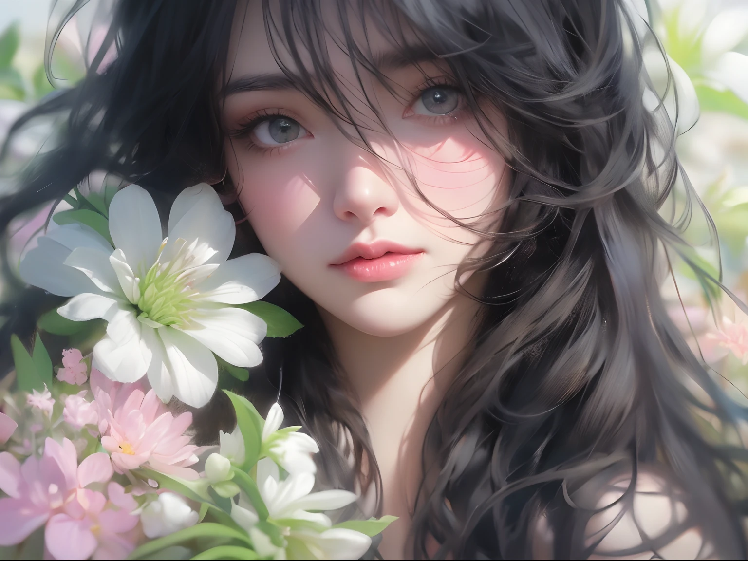 Ladies and bouquets,Portrait close-up,She looked at me with very beautiful and kind eyes.Detailed Schneider pastel ink, soft and fantastic, Fluffy, (Extremely fine and beautiful), (perfect detail)、(Pastel color),Soft texture:1.2.(masutepiece, Best quality), (finely detailed beautiful eye), (Dark bright eyes),(finely detailed eyes and detailed face),(Jet-black silky hair), (Black hair like a spring),The hue is also noticeably brighter.Pale blurred silhouette,Surrounded by plenty of flowers