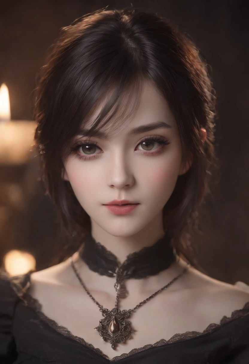 Anime girl with knife and necklace, an anime drawing by Yang J, deviantart trend, Gothic art, Realistic anime art style, in an anime style, 1 7 - year - old anime goth girl, anime realism style, detailed portrait of an anime girl, trending on artstration, Portrait of an anime girl, anime style character, a beautiful anime portrait, Anime style Warm background