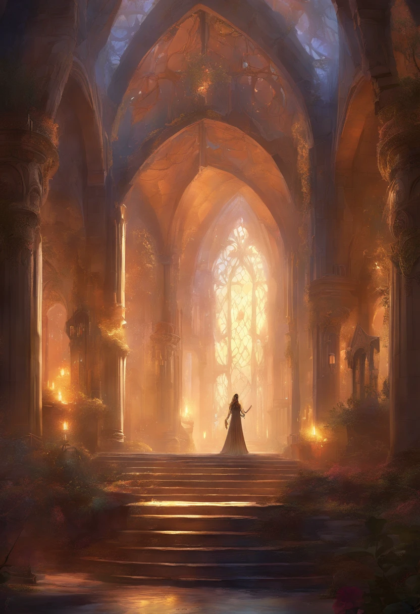 Krenz Kchart Style, Princess dressed in nerve-woven lace、Vampire Princess、Surrounded by a great hall made of pottery and skeletons、Rays from Heaven、strong contrasts、Foggy space、Mystery and horror、Large space、Empty space、Heralding the end of an evil night、Quantum light source