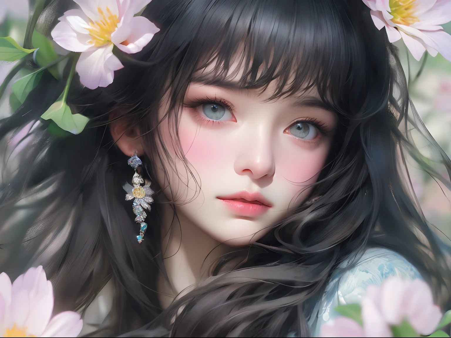Ladies and bouquets,Portrait close-up,She looked at me with very beautiful and kind eyes.Detailed Schneider pastel ink, soft and fantastic, Fluffy, (Extremely fine and beautiful), (perfect detail)、(Pastel color),Soft texture:1.2.(masutepiece, Best quality), (finely detailed beautiful eye), (Dark bright eyes),(finely detailed eyes and detailed face),(Jet-black silky hair), (Black hair like a spring),The hue is also noticeably brighter.Pale blurred silhouette,Surrounded by plenty of flowers