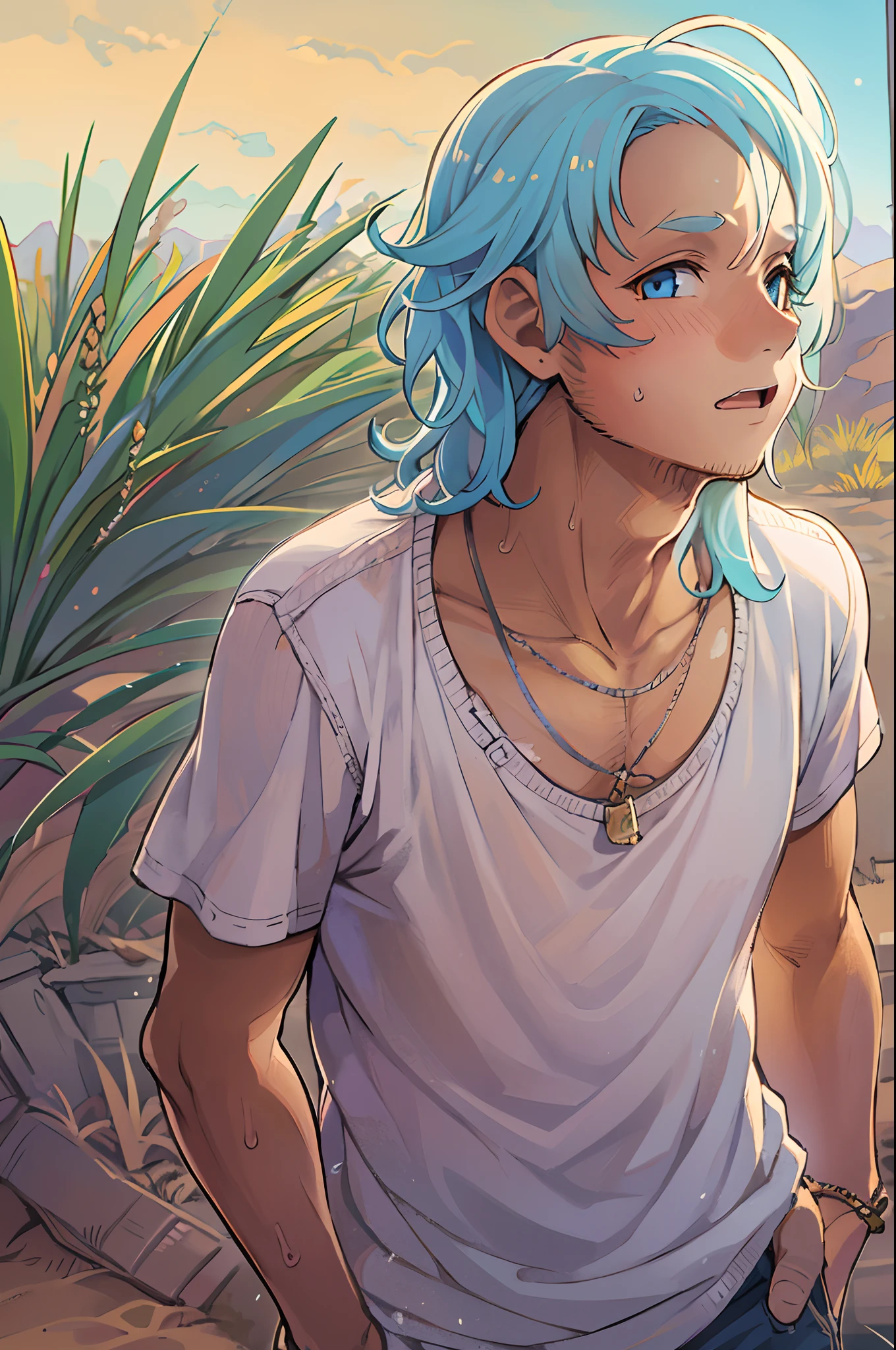beautifully drawn, High quality, Super detailed CG illustration of a young man with a calm expression, Staring into the distance with light blue hair gently swaying in the desert breeze. The view behind him is vast and breathtaking, Draw viewers into a world of wonder and exploration.