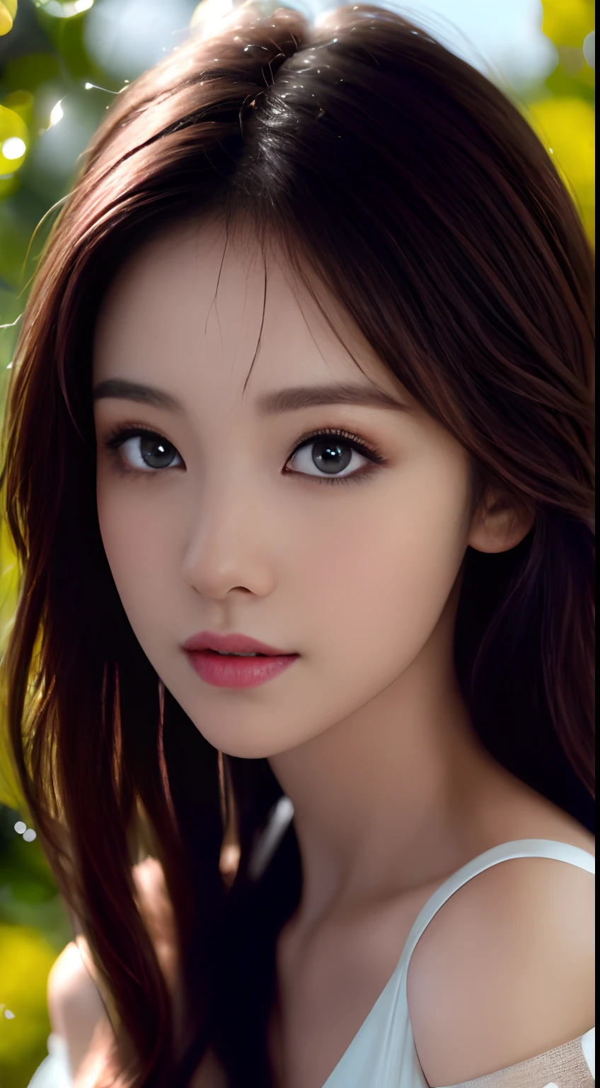 best qualtiy，tmasterpiece，A high resolution，1girll，Dingdall effect，realisticlying，edge lit，twotonelighting，（highdetailskin：1.2），8K  UHD，Pure，Sweet，Flower background，Colorful background，Based on physical rendering，Perfect light and shadow，extreme hight detail，Pink tones，Eye reflections，Raised sexy，perfect bodies，Superb beauty，largeeyes，long eyelasher，Delicate eyes，large shiny eyes，Minor pupillary reflexes，Shoulder and neck details，The pupil texture is delicate，Perfect eyes，Black pupils，best qualtiy，tmasterpiece，16k，A picture，head portrait，Bigchest，longer sleeves，Take care of your chest，Large breasts，Delicate avatar