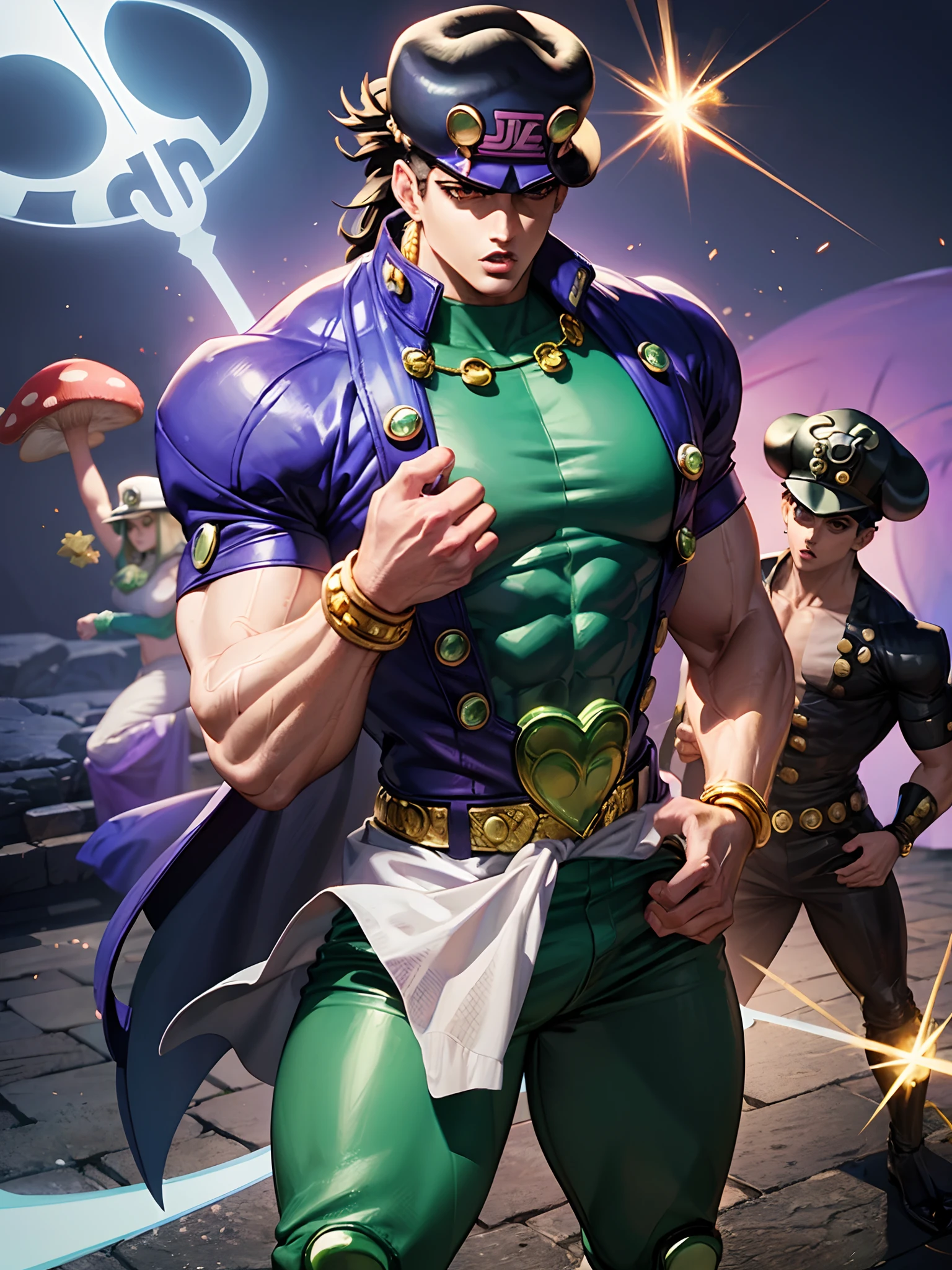 (mushroom:1.3), (JoJo's Bizarre Adventure:1.5), Joestar family, various supernatural threats
BREAK
Joestar family, destiny, fight evil, psychic powers
BREAK
various supernatural threats, supernatural, evil, powerful
BREAK
different time periods and locations, historical, fantasy, adventure
BREAK
courage, friendship, family, theme, message