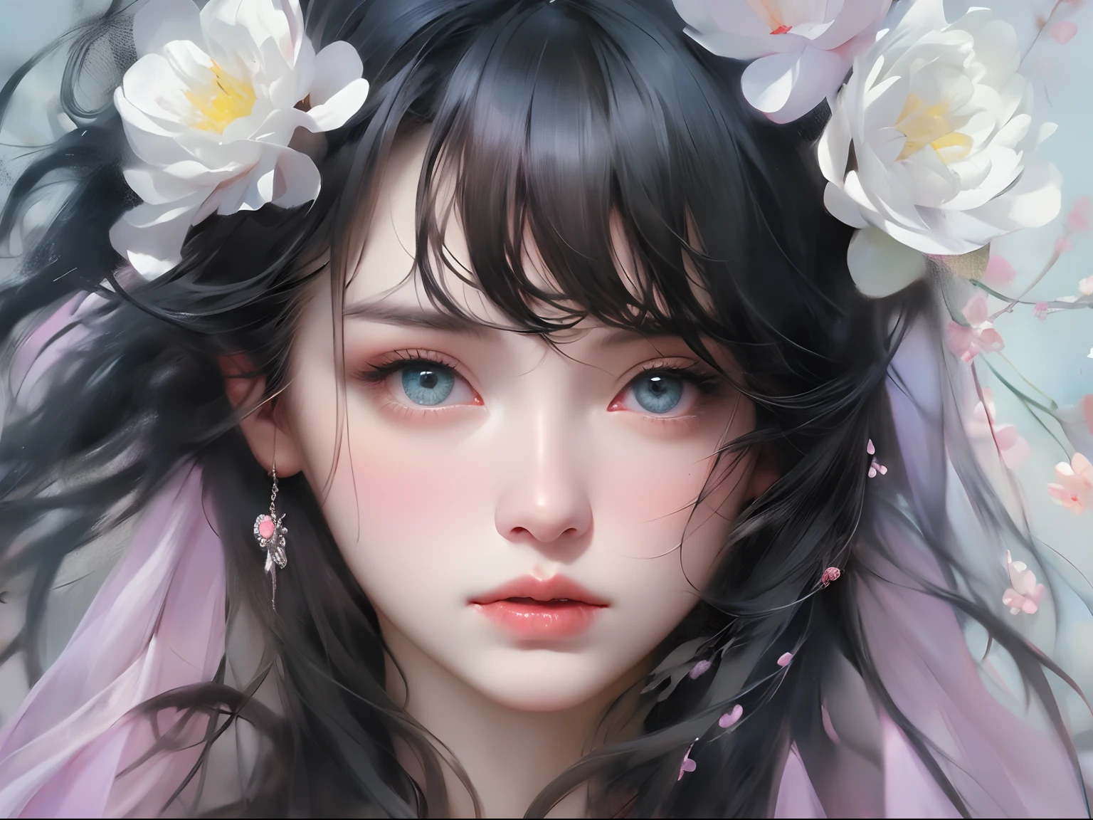 Ladies and bouquets,Portrait close-up,She looked at me with very beautiful and kind eyes.Detailed Schneider pastel ink, soft and fantastic, Fluffy, (Extremely fine and beautiful), (perfect detail)、(Pastel color),Soft texture:1.2.(masutepiece, Best quality), (finely detailed beautiful eye), (Dark bright eyes),(finely detailed eyes and detailed face),(Jet-black silky hair), (Black hair like a spring),The hue is also noticeably brighter.Pale blurred silhouette,Surrounded by plenty of flowers