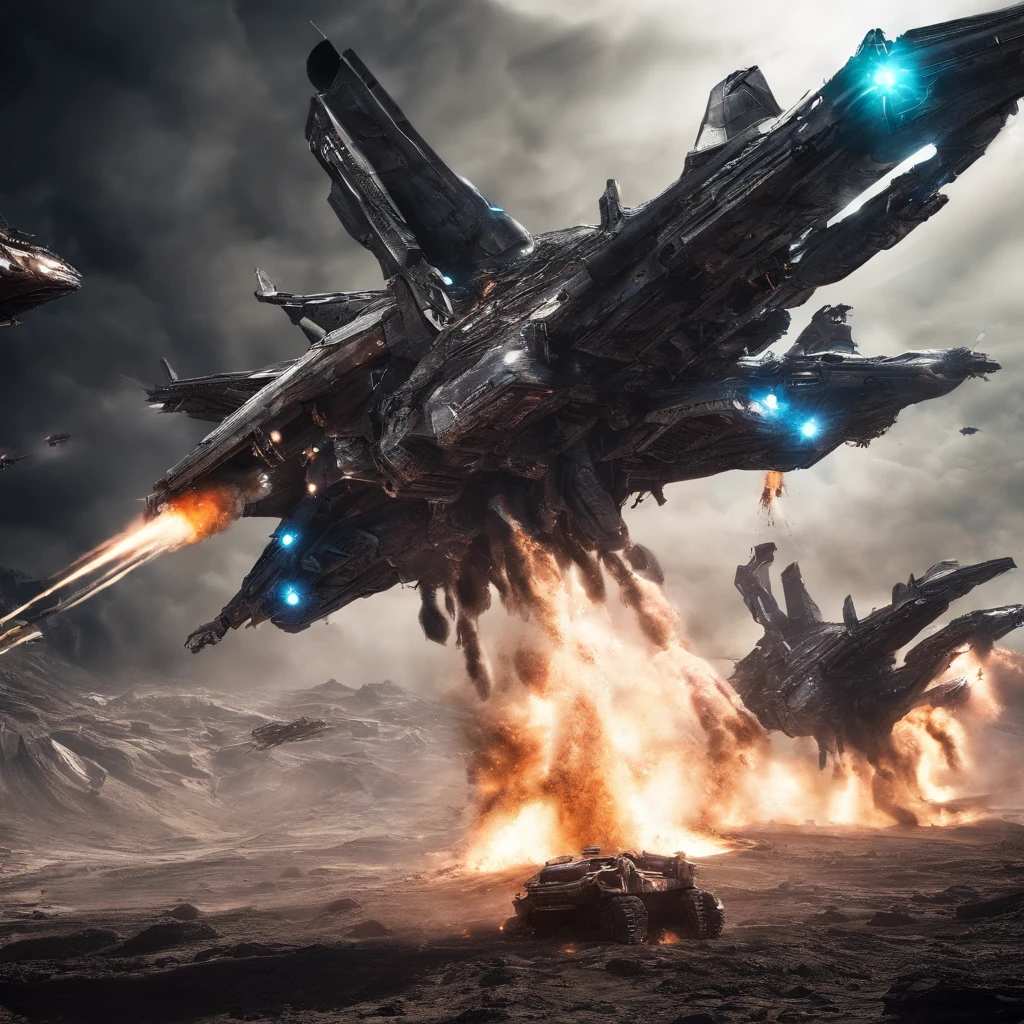 Movie space battle scene, (Dense warplanes attack spaceships:1.2),Destruction and volumetric lighting,Very detailed.)