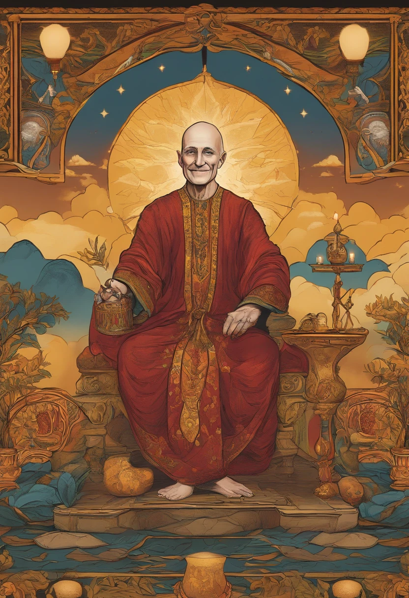 Tarot-style illustration、Grandfather without hair、Depiction of smiling invincibly