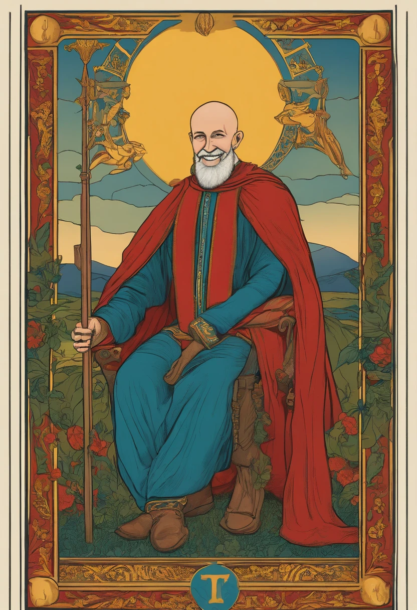 Tarot-style illustration、Grandfather without hair、Depiction of smiling invincibly
