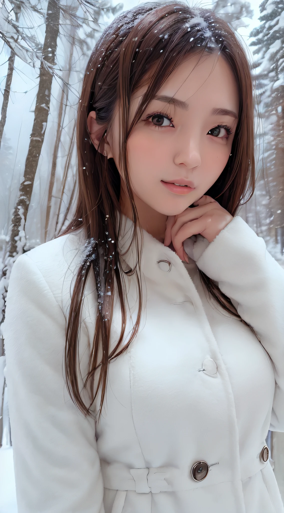 1womanl, (up of face:2.0), light brown hair, Blunt bangs, hair behind ear, hair over shoulder, Long hair, slender body shape, Ultra Fine Face, Thin face, Delicate lips, Beautiful eyes, thin blush, eyes are light brown,View here, Ultra-thin hands, Ultra-fine fingers, best ratio four finger and one thumb, (realisitic:1.3), white longcoat, muffler , gloves、Coniferous forest with heavy snowfall, It's snowing  .One-person viewpoint,  8K, masutepiece, nffsw, Super Detail, High quality, Best Quality, hight resolution,