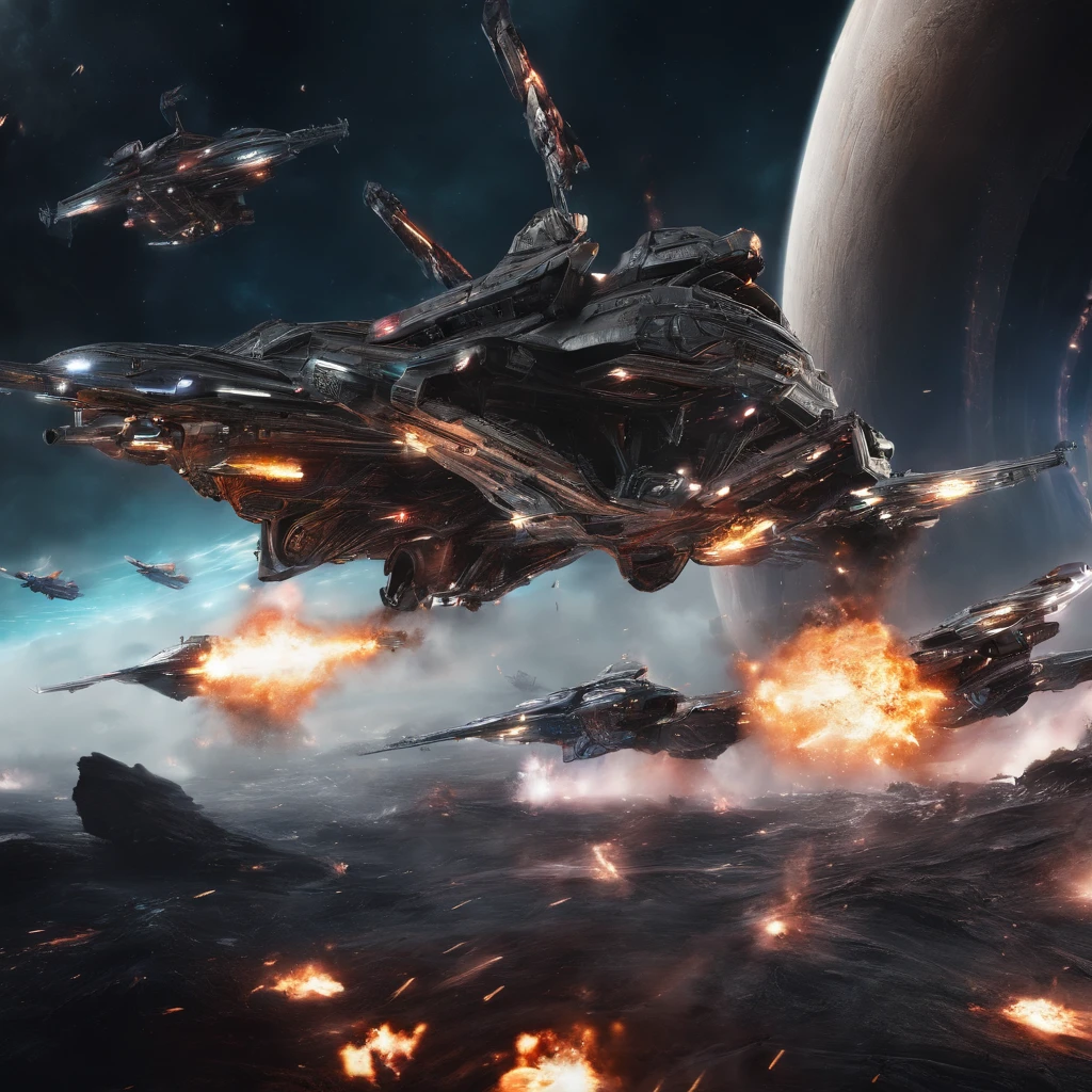 Movie space battle scene, (Dense warplanes attack spaceships:1.2),Destruction and volumetric lighting,Very detailed.)