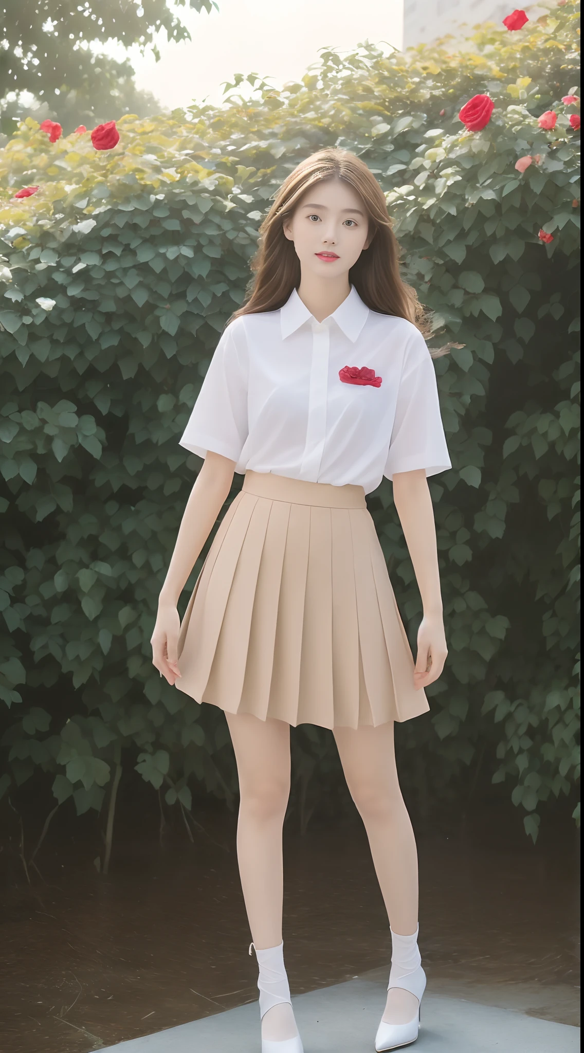 ((best qualtiy, 8K, Masterpiece Masterpiece: 1.3)),(full bodyesbian:1.5),A cute beauty with a perfect figure: 1.4, Slim, ((Brown hair black)) , (pleatedskirt,white short sleeve shirt,Black heels,school uniform,Full chest,Golden ratio figure,Highly detailed face,standing on your feet:1.2),((Sea of roses)),Highly detailed facial and skin texture,wide wide shot,Ray traching,Colorful dreamy fairy tale garden,detail-rich,Sea of roses,8K, Yes,