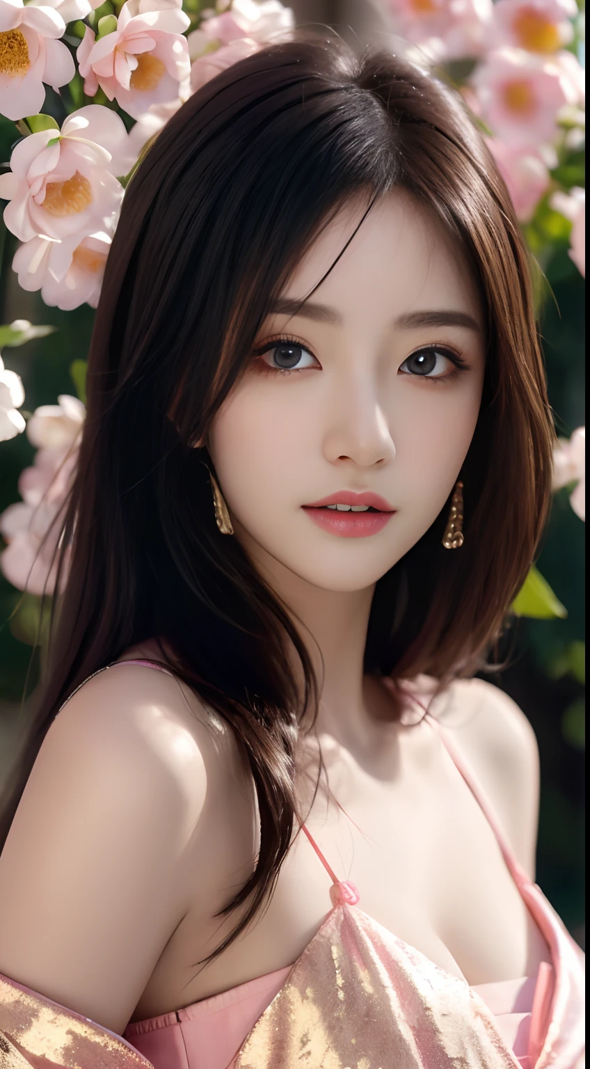 best qualtiy，tmasterpiece，A high resolution，1girll，Dingdall effect，realisticlying，edge lit，twotonelighting，（highdetailskin：1.2），8K  UHD，Pure，Sweet，Flower background，Colorful background，Based on physical rendering，Perfect light and shadow，extreme hight detail，Pink tones，Eye reflections，Raised sexy，perfect bodies，Superb beauty，largeeyes，long eyelasher，Delicate eyes，large shiny eyes，Minor pupillary reflexes，Shoulder and neck details，The pupil texture is delicate，Perfect eyes，Black pupils，best qualtiy，tmasterpiece，16k，A picture，head portrait，Bigchest，longer sleeves，Take care of your chest，Large breasts，Delicate avatar