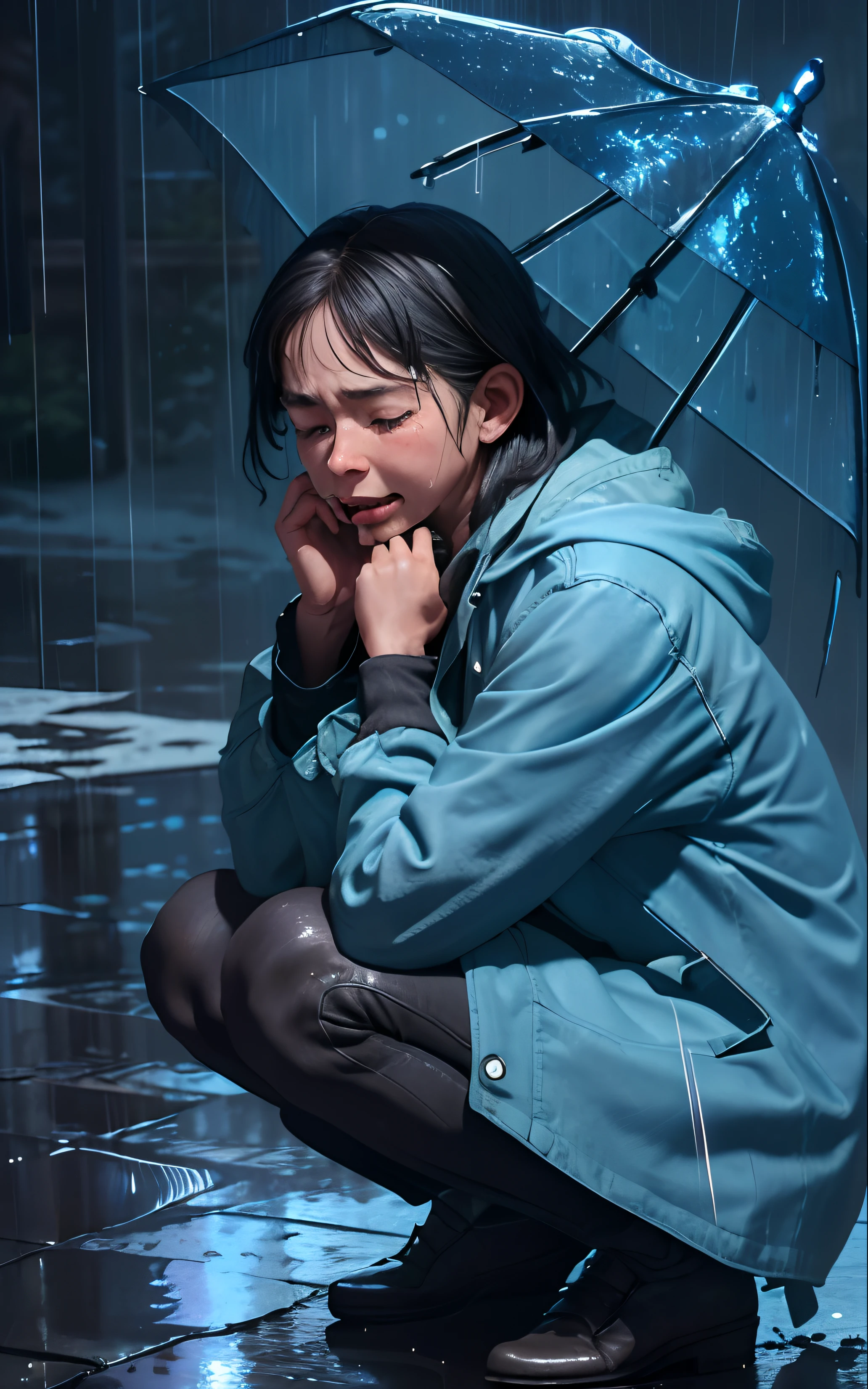 (masterpiece:1.2, best quality), (real picture, intricate details), (night, dark, blue light, downpour:1.4)
There was no one in the alley, and the surroundings were silent, only the raindrops sprinkled on the tile eaves of the low houses near and far, making a slight rustling sound. In the cold rain, (1girl, wet hooded jacket, sad, tears in cheeks ,tears in eyes,close eyes, scream, shivering:1.2) squatting on the ground,