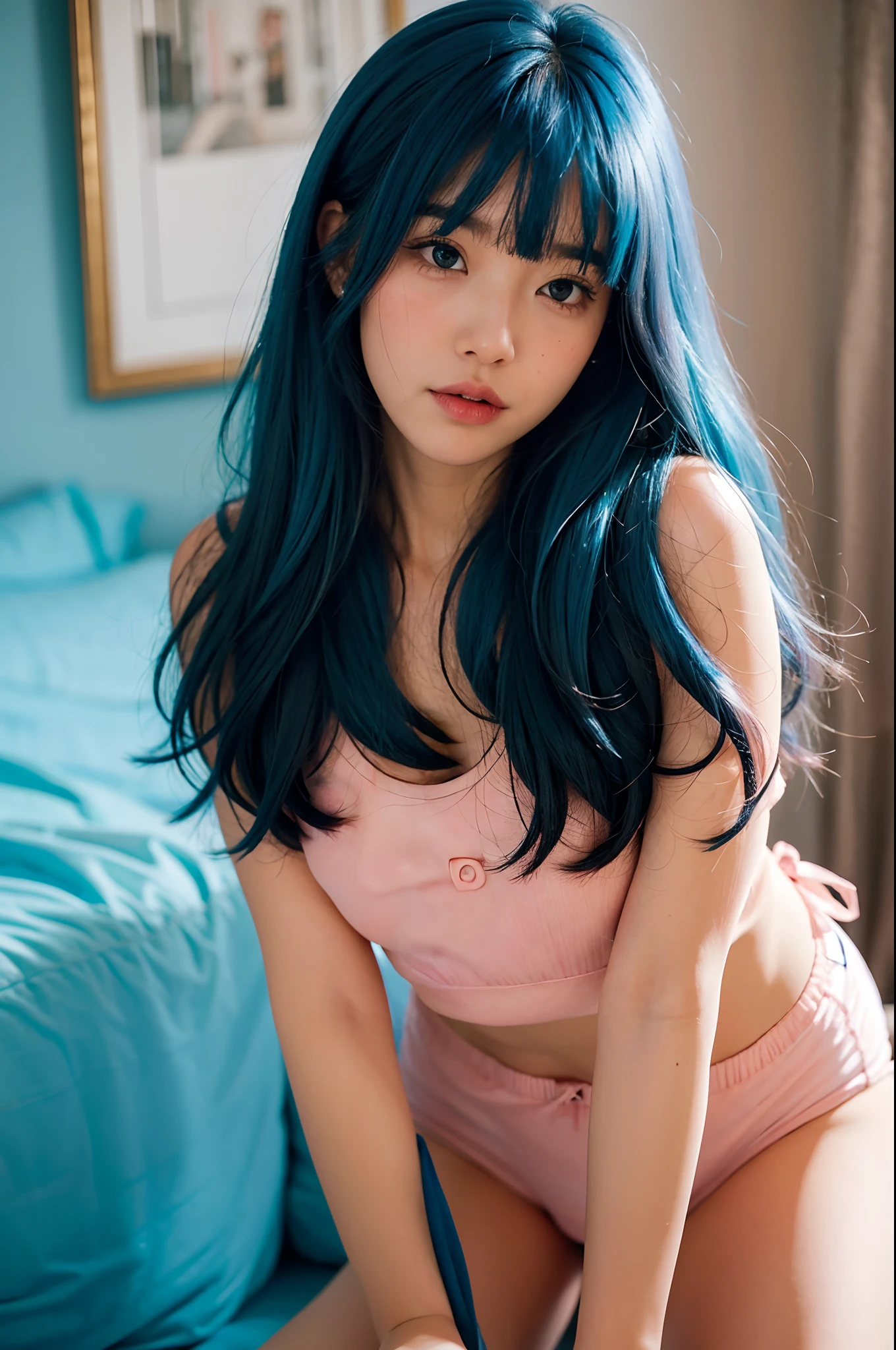 1 girl in bedroom in underwear blushing focus on face bangs hair circle blue hair