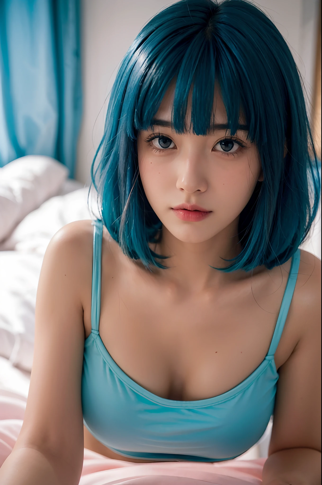 Ana de armas with light blue short hair color, small breasts size, wearing only bra and panties, in a room
