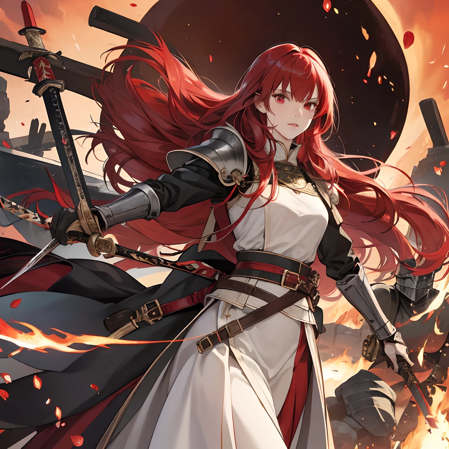 (masuter piece,Best Quality,Ultra-detailed), 1womanl, female focus on, 独奏, red hairs, Long hair with fringe, red eyes, Look at viewers, Genuine leather sword belt, Seven Swords, Nickname of the Seven Swords,a closed mouth, bangss, Fantasy aesthetics, Female knight, a sorceress,Fire emblem, Semi-metal armor