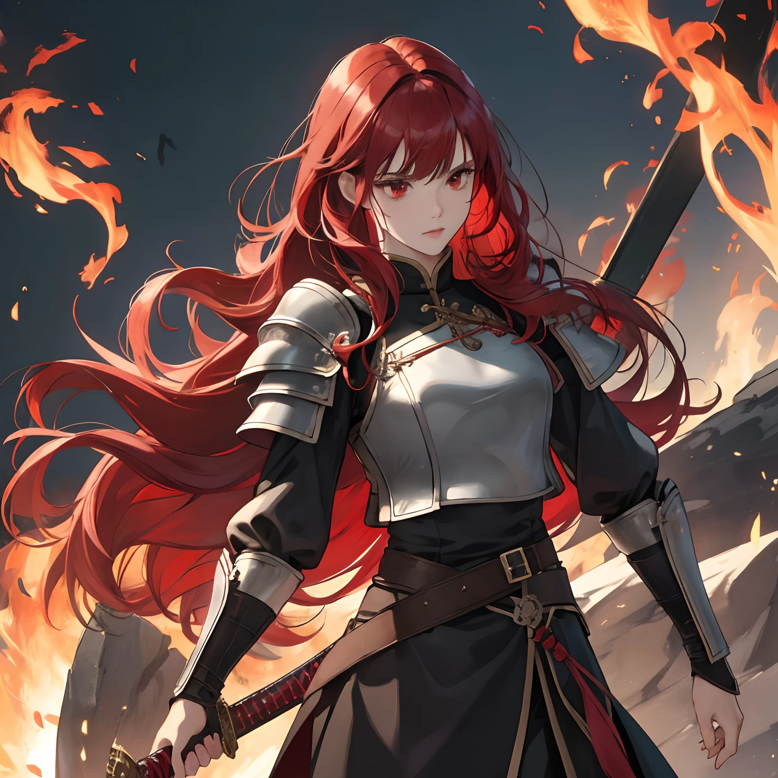 (masuter piece,Best Quality,Ultra-detailed), 1womanl, female focus on, 独奏, red hairs, Long hair with fringe, red eyes, Look at viewers, Genuine leather sword belt, Seven Swords, Nickname of the Seven Swords,a closed mouth, bangss, Fantasy aesthetics, Female knight, a sorceress,Fire emblem, Semi-metal armor