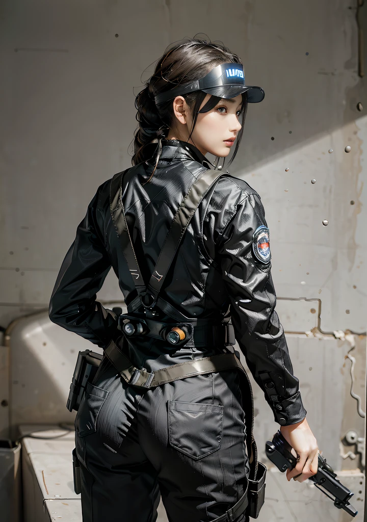 Highest image quality, outstanding details, ultra-high resolution, (realism: 1.4), (cowboy shot, from behind, looking at front), the best illustration, favor details, highly condensed 1girl, with a delicate and beautiful face, vigilance posture, ((holding a gun at the ready)), ponytail, captain, (perfect proportion, muscular:1.25), (wearing racing suit likes police uniform, black and gray mecha, wearing a visor, military harness, grenades, holding a machinegun), background simple grey wall,