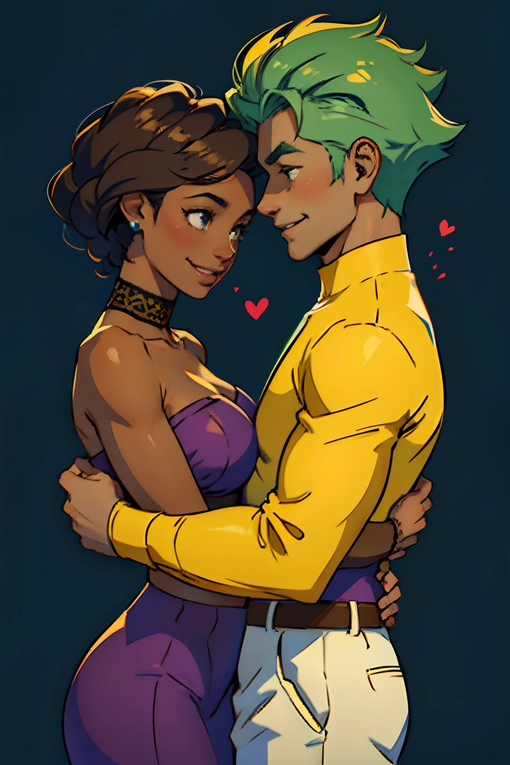A dark skinned man and woman, smiling and greeting each other with a hug, background is springtime hills, mood is diplomatic, regulated, daytime light, character design.