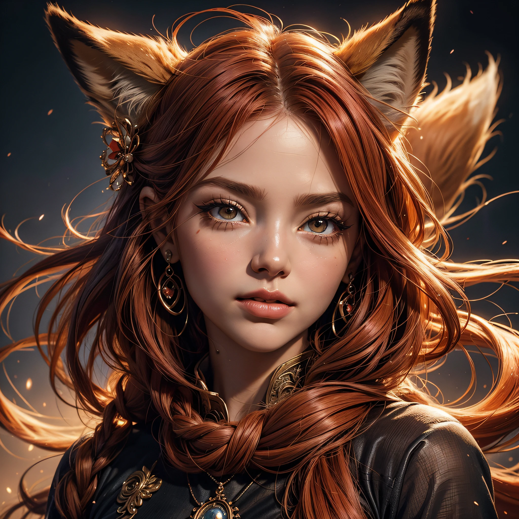 Beautiful fox girl, Arnouveau style, fondness,  Fox ears, light red hair is very long, sunlight rays, airiness, grace, Floral ornament, artful, bites his lower lip, Fang in the mouth, chiffon, close up face, Silk, Correct eye proportions, Behind the fox tail, Expressive orange eyes, long eyelashes, plump wet lips, Texture skins for the face, A lot of air, higly detailed, Doubleexposure, 30 thousand......., hyper realisitc, Hi-Def, soft-lighting