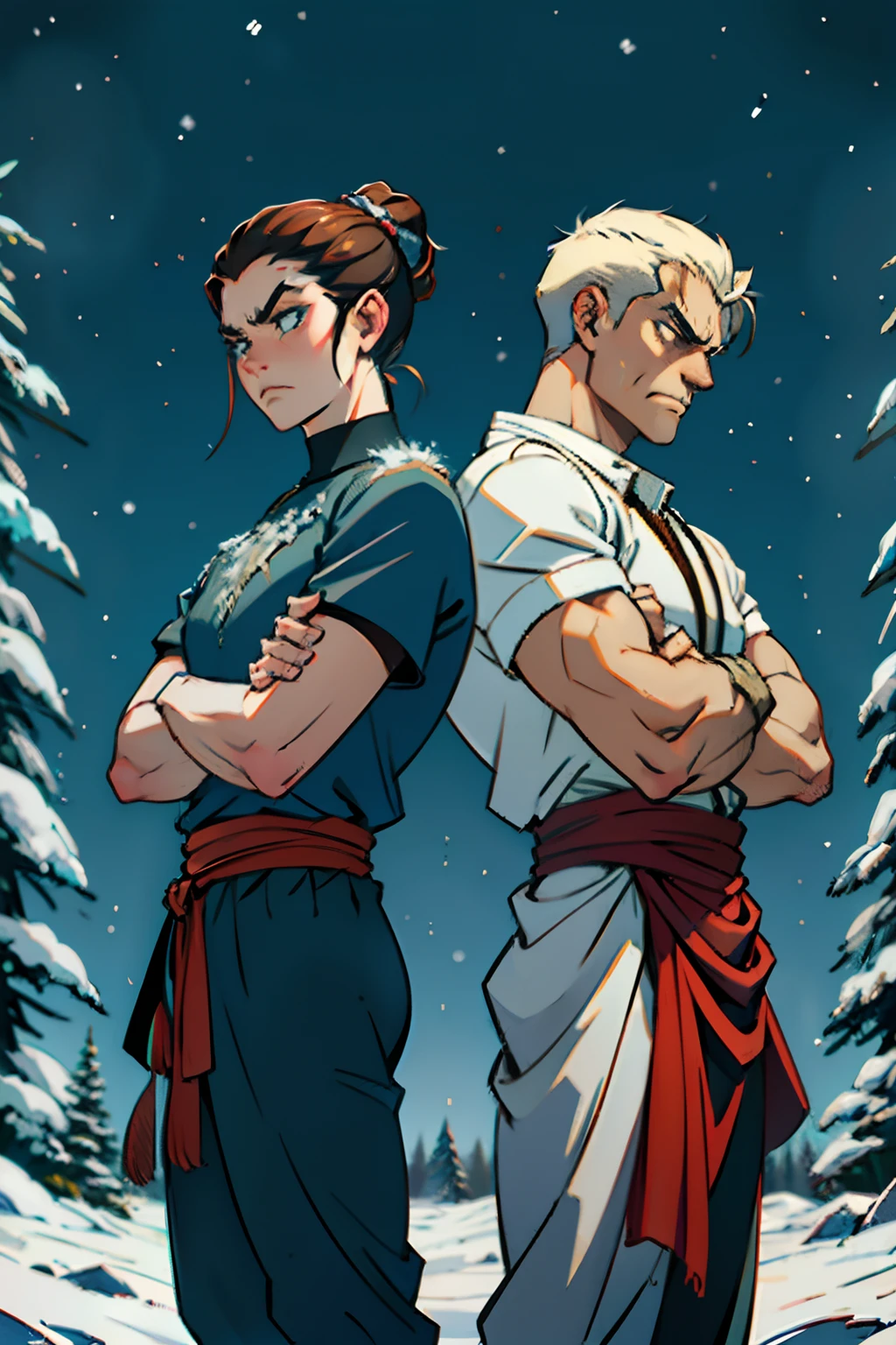 An angry man, and an angry woman, standing back to back, arms crossed, frowning, furrowed brow, angry, looking away from each other, background winter snow in pine forest, mood is defiant, aggravated, night-time light, character design.