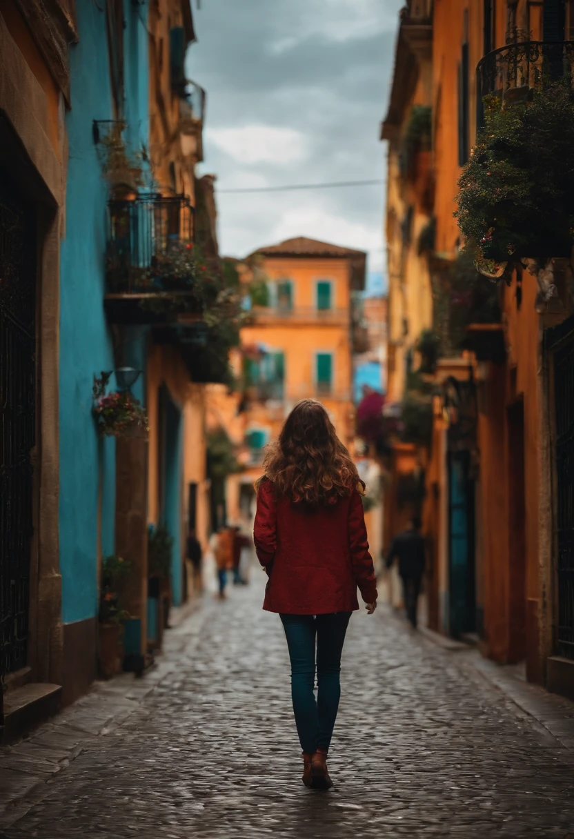Una joven parada en la calle, Fondo borroso, hermoso, fotorrealista