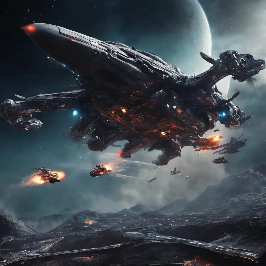 Movie space battle scene, (Dense warplanes attack spaceships:1.2),Destruction and volumetric lighting,Very detailed.)