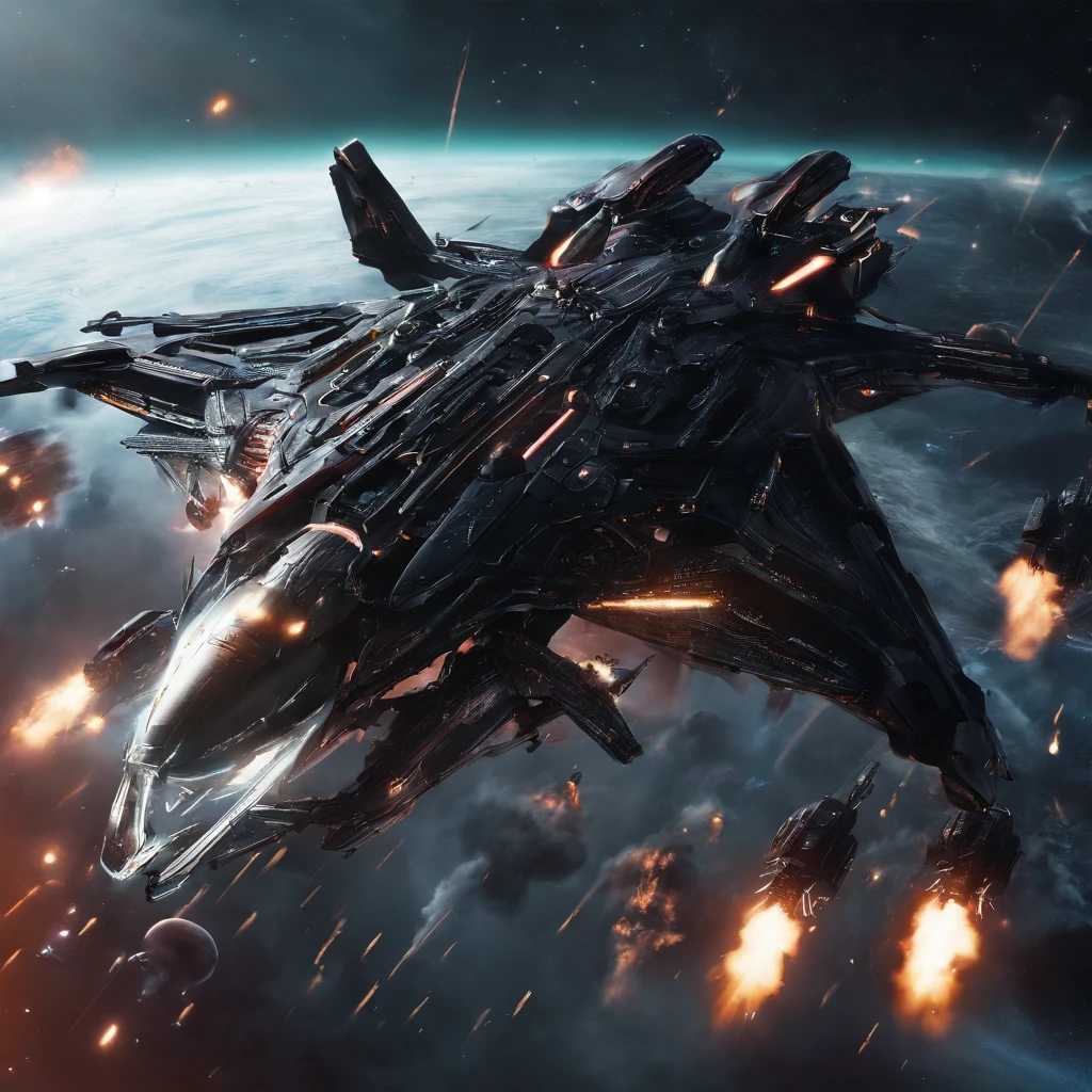 Movie space battle scene， (Dense warplanes attack spaceships:1.2),Destruction and volumetric lighting,Very detailed.)