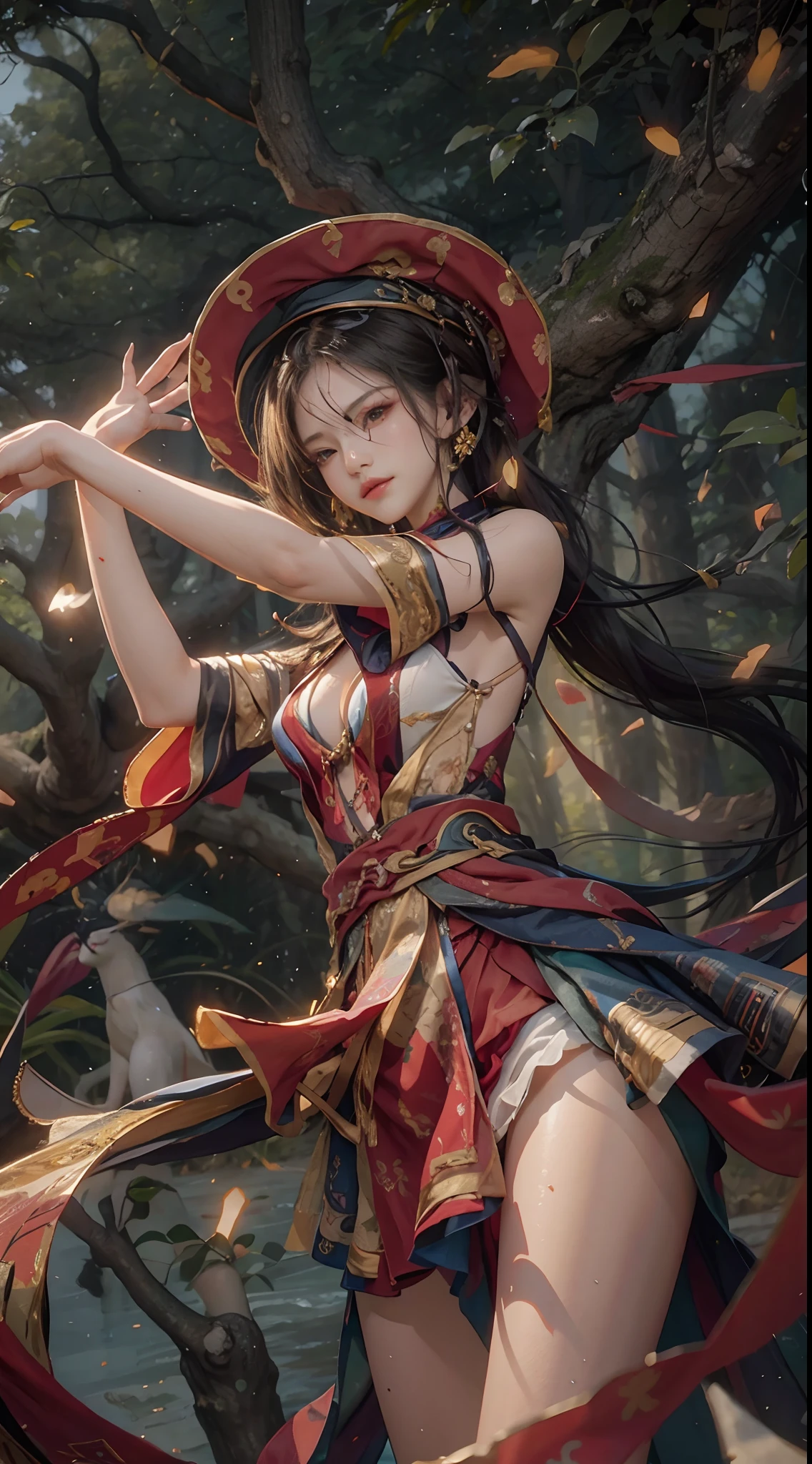 （From the outside） ， many color，Best quality at best，8K，real photograph，Delicate skin details，tmasterpiece，photograph of-realistic，Complicated details，RAW photogr，Under the trees，florals，Gorgeous cheongsam，Extra-long hair，cropped shoulders，delicated face，Expose cleavage，decorations，Perfect Finger，Dissection is correct，(Huge room，0.8)，shiny skins