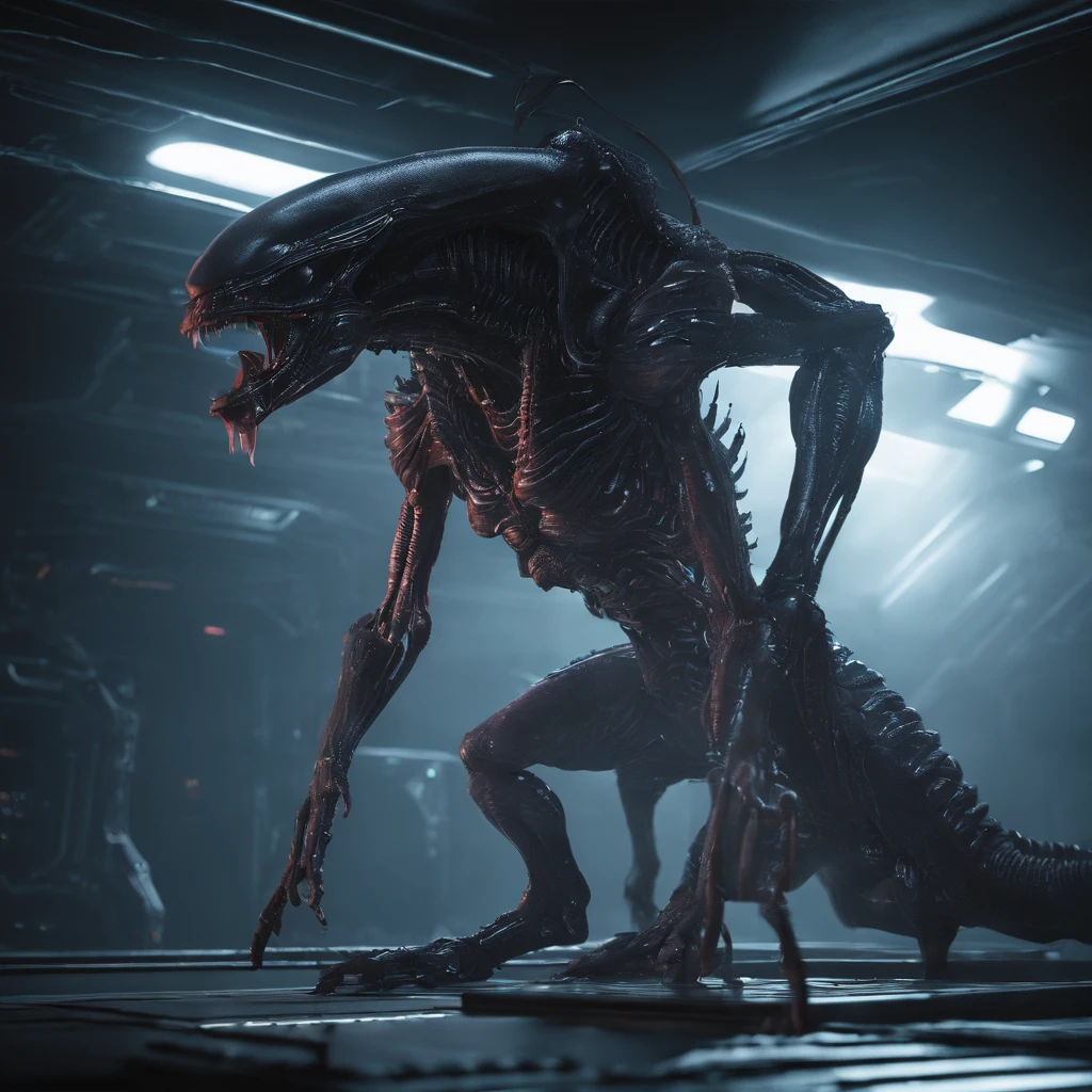  ((best quality)), ((masterpiece)), (detailed), an alien creature, (hr giger inspired), (velociraptor form), pale, milk-white skin, translucent skin, smooth skin texture like a dolphin, no hair, (head like a porpoise), round head, (bulbous head), (xenomorph head), (atrophied eye sockets), (smooth face), (bright prominent gums), (a long tongue like an elephant trunk coming out of the mouth with a squid-like beak at the tip), (protrusions along a skeletal ridged back), (breathing holes on the chest), elongated limbs, a tail that splits into three tentacles, (tentacles with spikes instead of suckers), (walking on long skinny arms), where the legs would be is another set of arms that are used for grabbing, H R Giger, Clive Barker's The Thing, xenomorph, predator, Engineer, dinosaur, sci fi horror, cosmic horror 