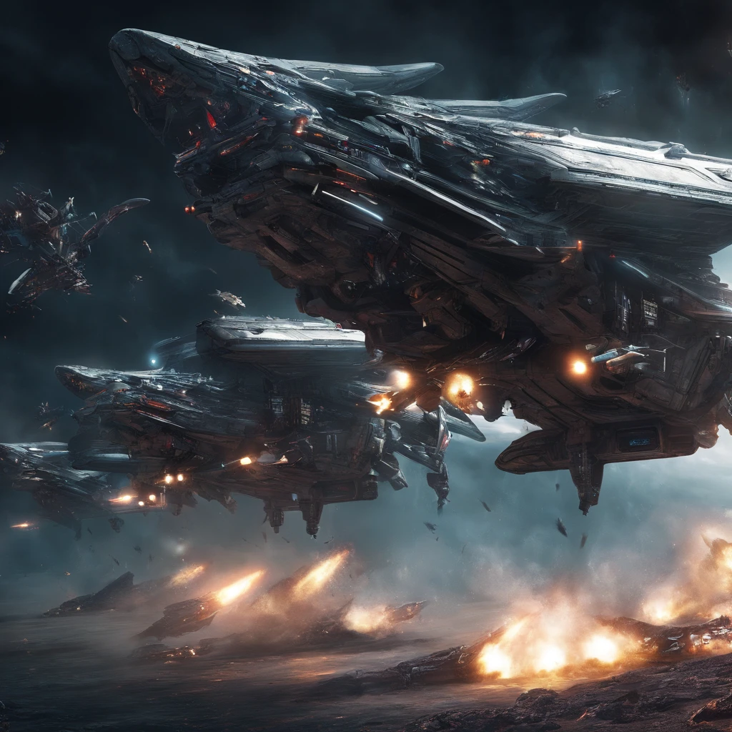 Movie space battle scene， (Dense warplanes attack spaceships:1.2),Destruction and volumetric lighting,Very detailed.)