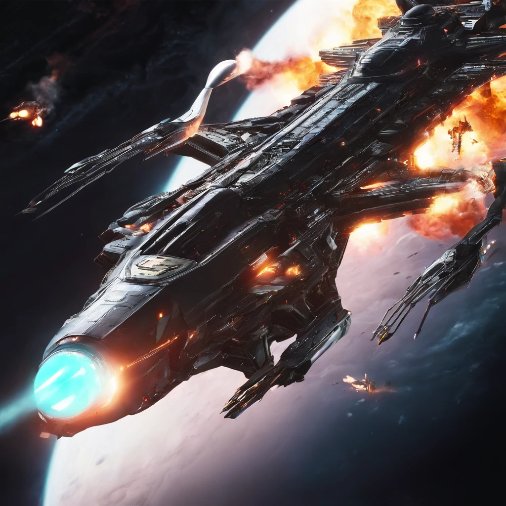 Movie space battle scene, (Dense warplanes attack spaceships:1.2),Destruction and volumetric lighting,Very detailed.)