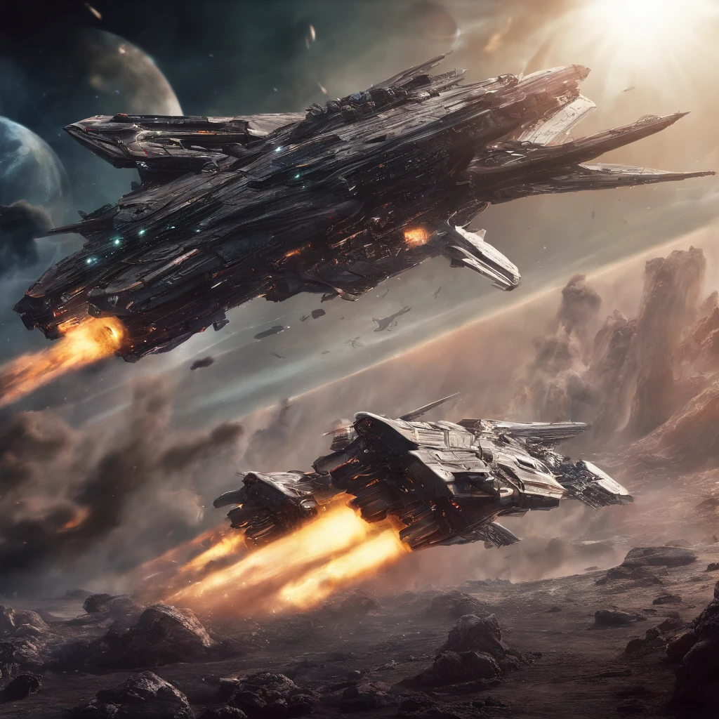 Movie space battle scene， (Dense warplanes attack spaceships:1.2),Destruction and volumetric lighting,Very detailed.)