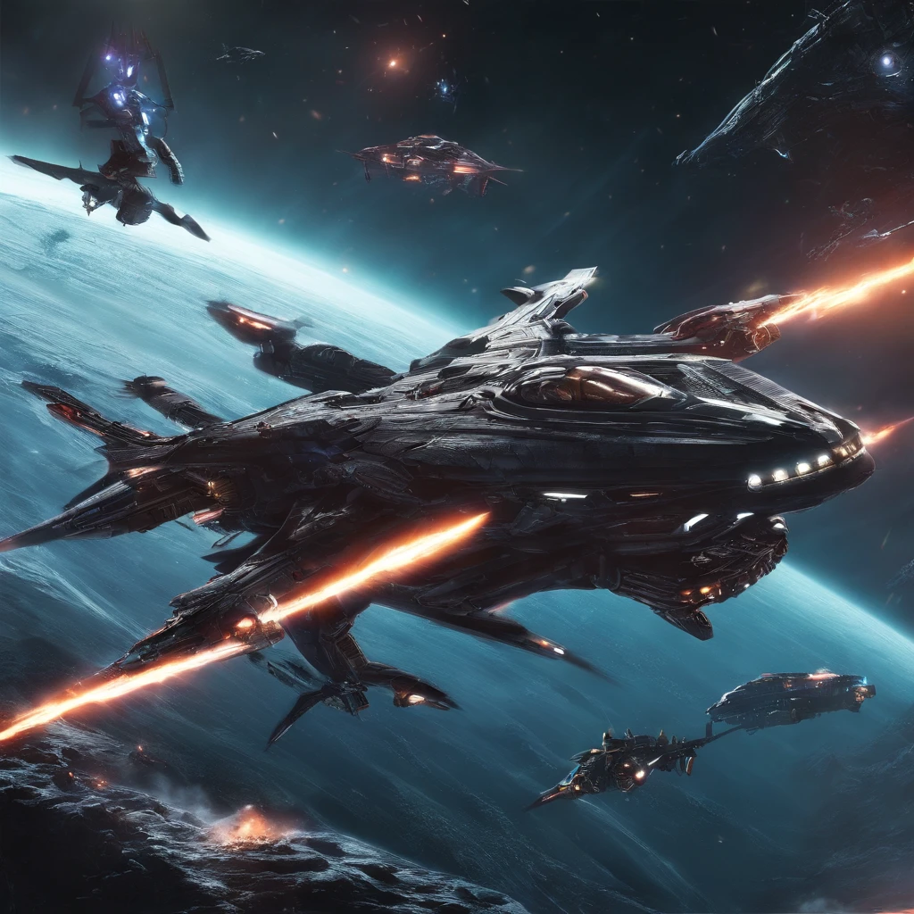 Movie space battle scene， (Dense warplanes attack spaceships:1.2),Destruction and volumetric lighting,Very detailed.)