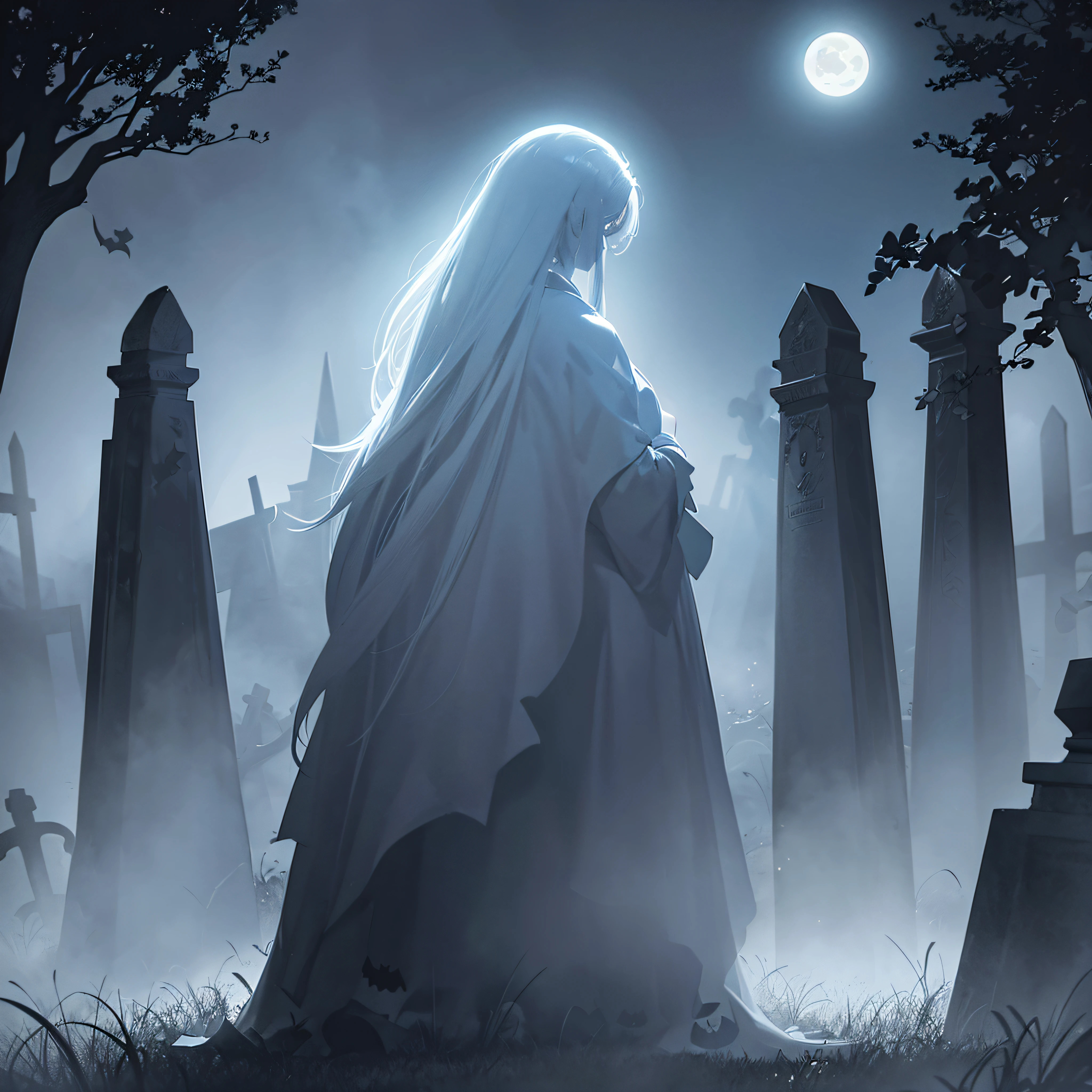 a Halloween vector background set in a ghostly graveyard, featuring spectral apparitions under a foggy moon