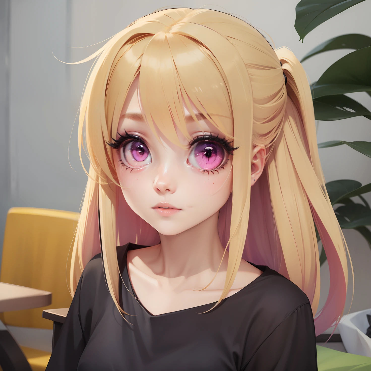 One woman in black had blonde hair and pink eyes