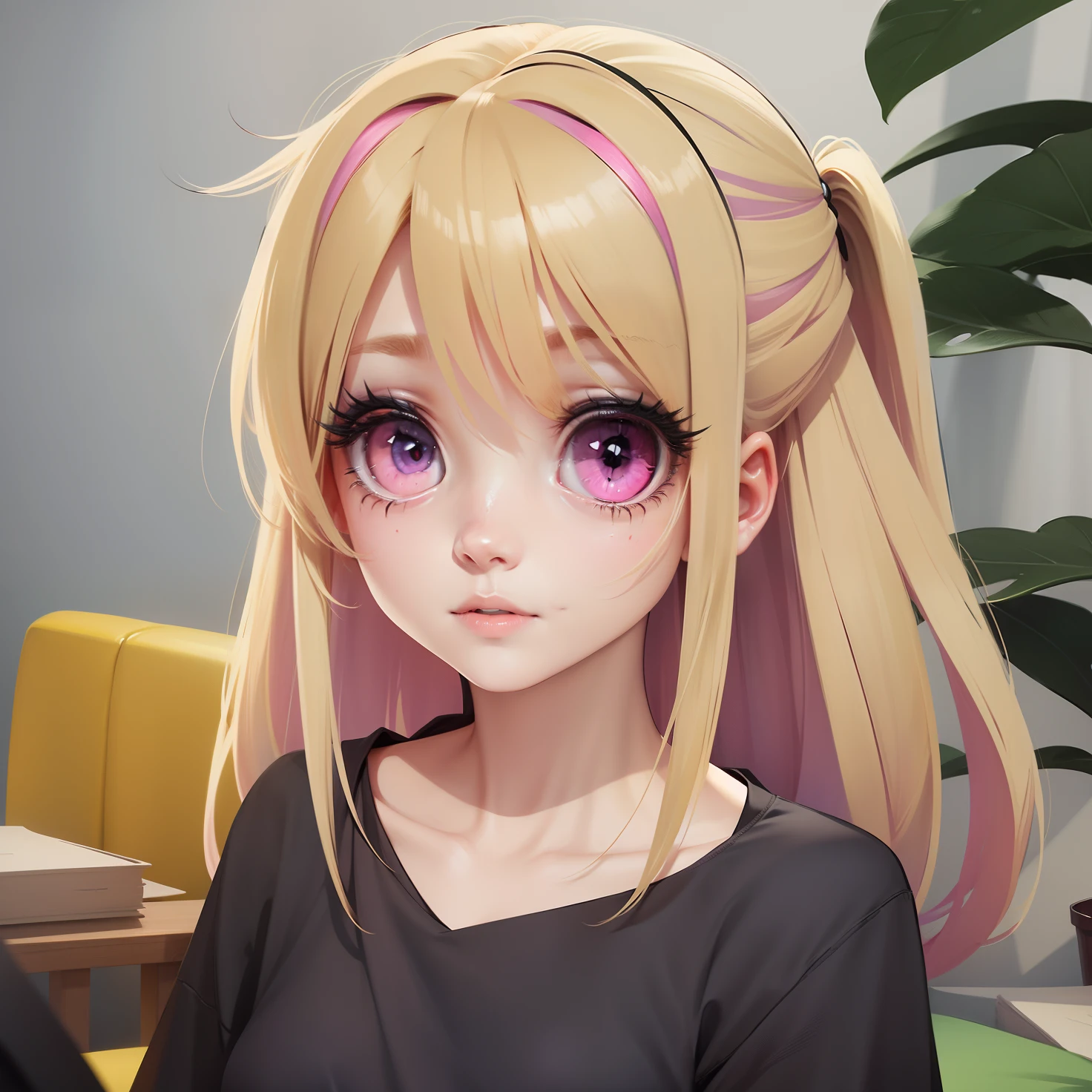 One woman in black had blonde hair and pink eyes