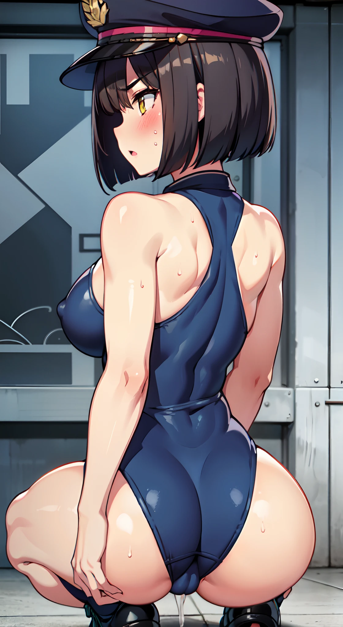(Perfect body),Best Quality,(8K Portrait),(Official art)、(((muscular)))、(Police Hat)、embarrassed from、V-shaped eyebrows、(((blush))),(Sweat),((((large udder))))、((Big ass))、(Dark hair),((bob cuts)), blush,Short hair, (Yellow eyes),(((thick thighs)))、Navy blue jacket、(((Navy blue leotard)))、(((from behind)))、(((Looking away)))、Squatting、In the street