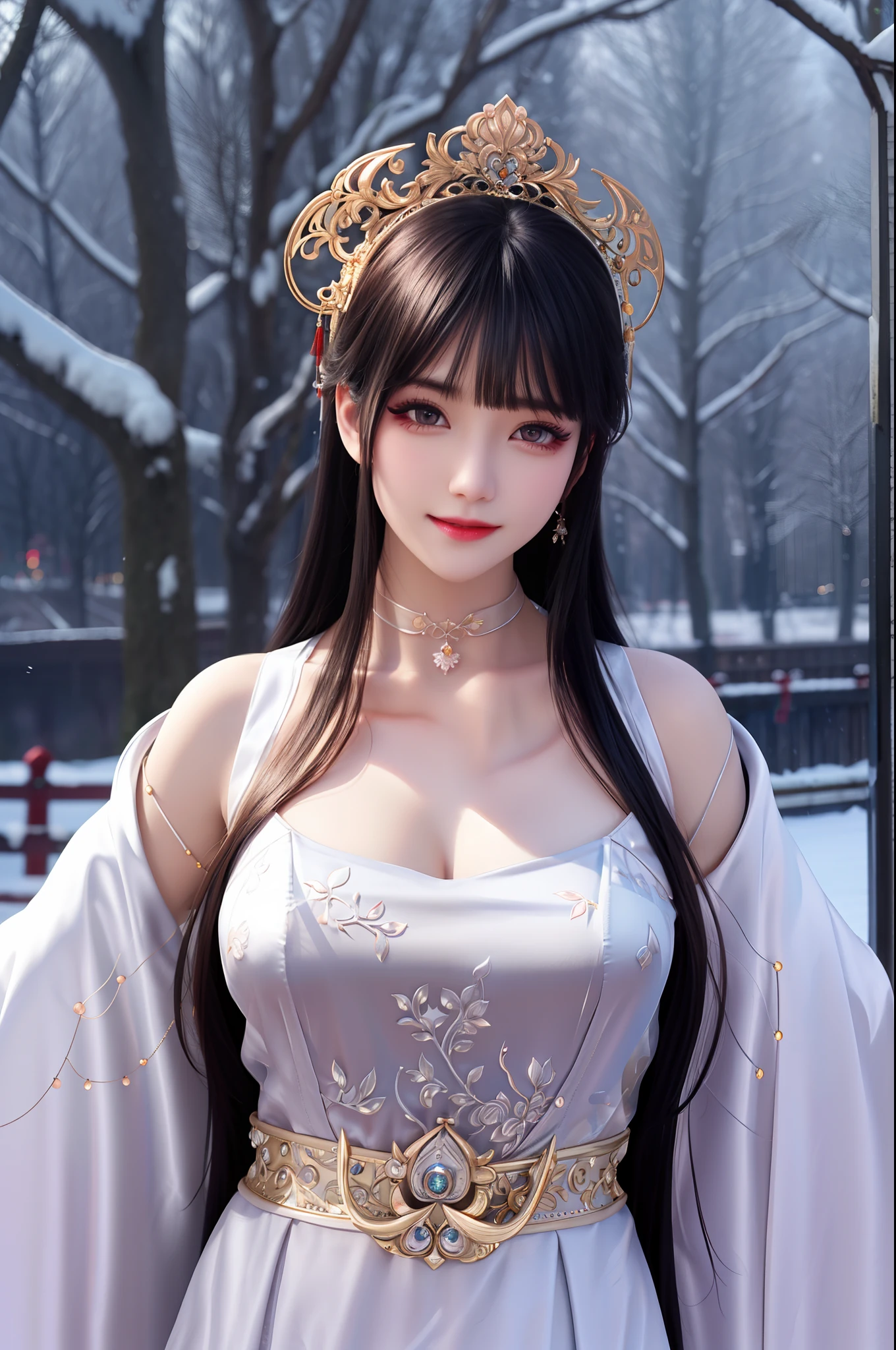 best qualityer,8K, tmasterpiece, A high resolution, 1girll, Clear silk porcelain dress, Fur coat, hair adornments, ssmile, Keep one's mouth shut, cparted lips,Large breasts,Shoulder, shift dresses, hair adornments, choker necklace, jewely, Chinese outfit, long whitr hair, 耳Nipple Ring, Detailed beautiful eyes, detailed eyelashes, beautiful face,after sexing_Body, Tyndall effect,realisticlying, edge lit, twotonelighting,(highdetailskin:1.2), 8K, Ultra HD, digital SLR camera, gentle illumination, high high quality, Volumetriclighting, Frankness, photore, A high resolution, Bokeh, at a forest, Falling snow, Winters, in the afternoon