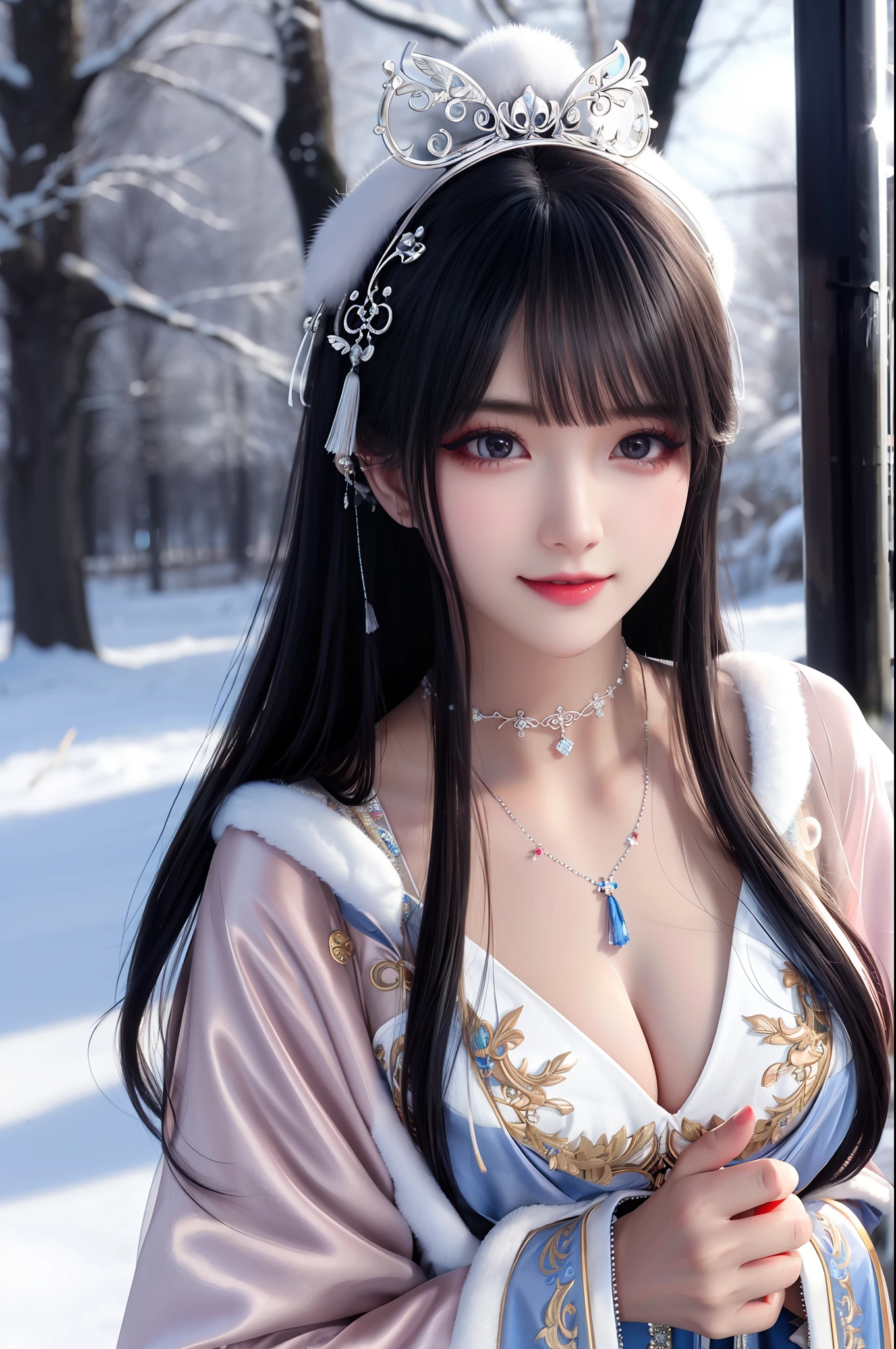 close up on face， Ultra-fine face，femele， long whitr hair， delicated， ellegance， opulent， ellegance， ssmile， cinmatic lighting，  hyper HD， A high resolution， best qualtiy， 4K， high detal， high qulity， super detailing， anatomy correct， tmasterpiece， ccurate，mountain water，Mountains and mountains，Tian Shan，tenchi，snow mountains，Central of the lake，Ripples，Bust photo