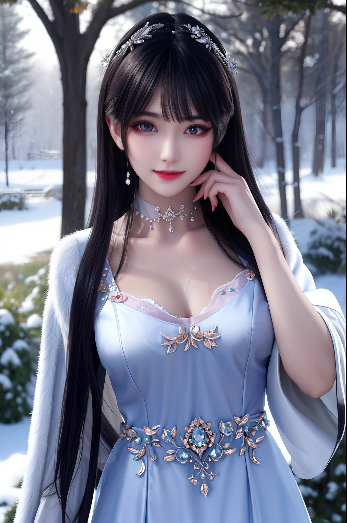 best qualityer,8K, tmasterpiece, A high resolution, 1girll, Clear silk porcelain dress, Fur coat, hair adornments, ssmile, Keep one's mouth shut, cparted lips,Large breasts,Shoulder, shift dresses, hair adornments, choker necklace, jewely, Chinese outfit, long whitr hair, 耳Nipple Ring, Detailed beautiful eyes, detailed eyelashes, beautiful face,after sexing_Body, Tyndall effect,realisticlying, edge lit, twotonelighting,(highdetailskin:1.2), 8K, Ultra HD, digital SLR camera, gentle illumination, high high quality, Volumetriclighting, Frankness, photore, A high resolution, Bokeh, at a forest, Falling snow, Winters, in the afternoon