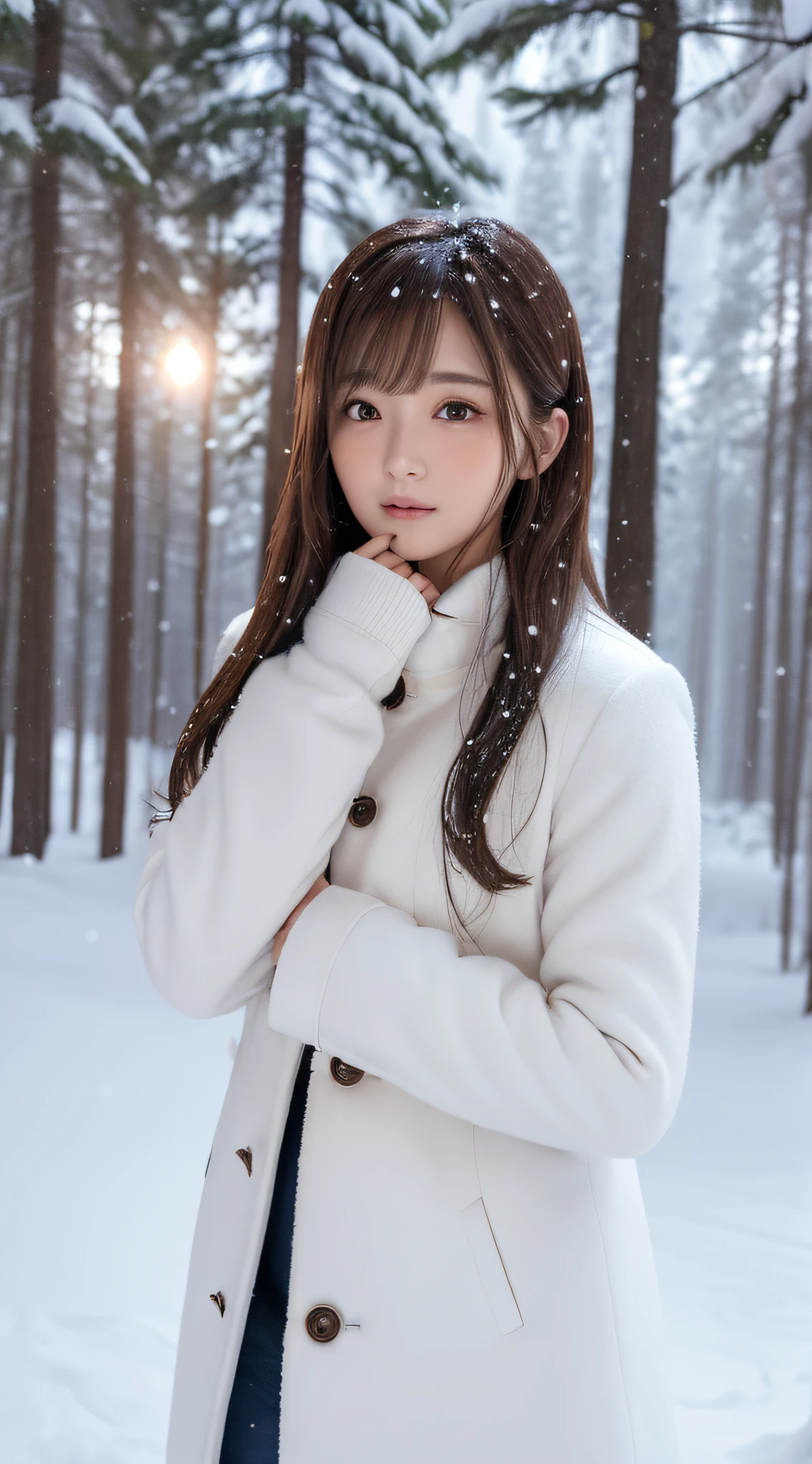 A woman in a white coat standing in the snow - SeaArt AI